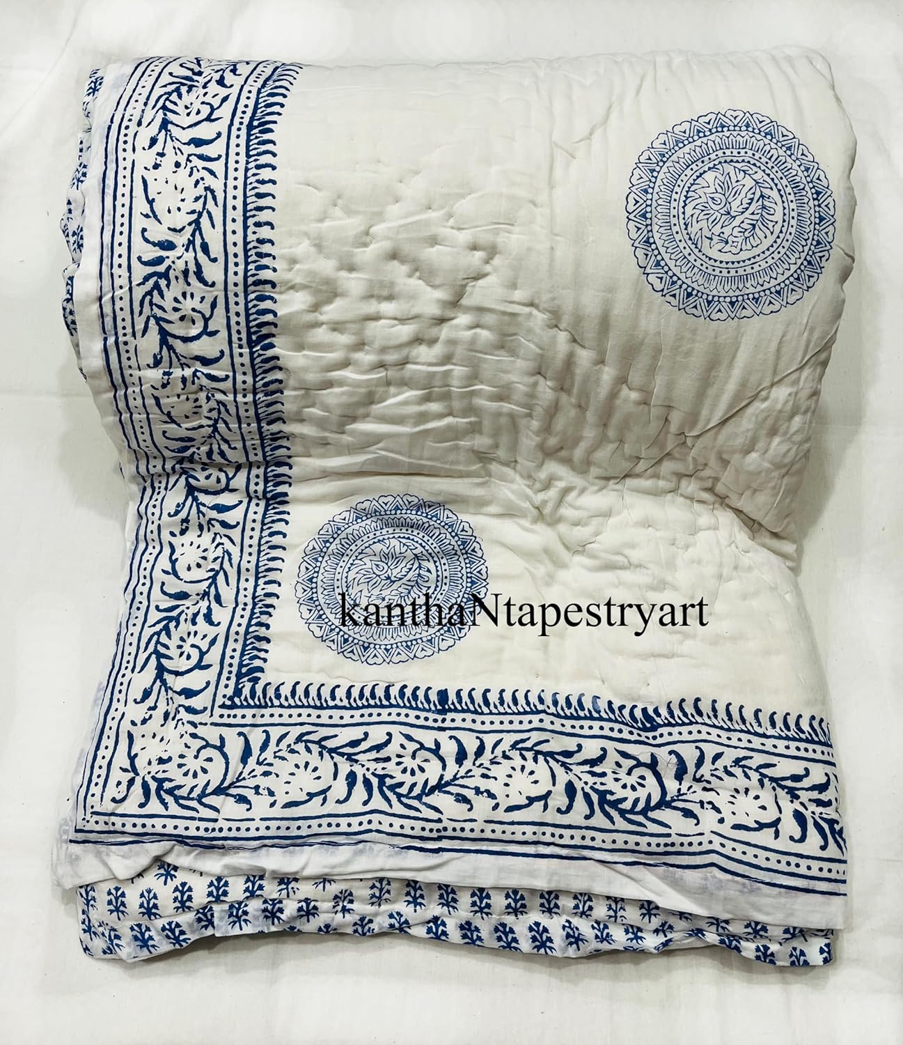 Generic kanthaNtapestryart Indian Hand Block Print 100% Cotton Quilt Razai Jaipuri Light Weight Hand Made Cotton Quilt Razai Indian Quilt Block Print Razai (Twin Size 60x90 Inch), Blue
