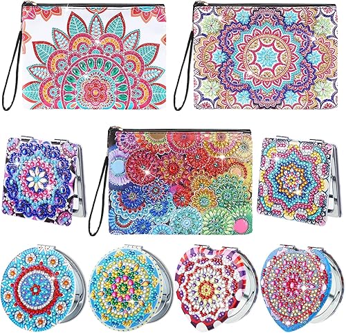 Geyoga Paquete de 9 monederos de pintura de diamantes de mandala y espejo de bolsillo, espejo de bolsillo con cubierta de pintura de diamante 5D,