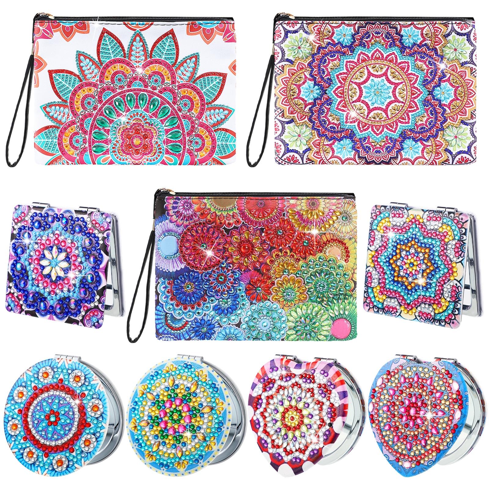 Geyoga 9 Pack Mandala Diamond Painting Purse and Pocket Mirror Set DIY Pocket Mirror with Diamond Painting Cover 5D DIY Diamond Painting Handbag Handmade for Women Girl Art Craft Makeup