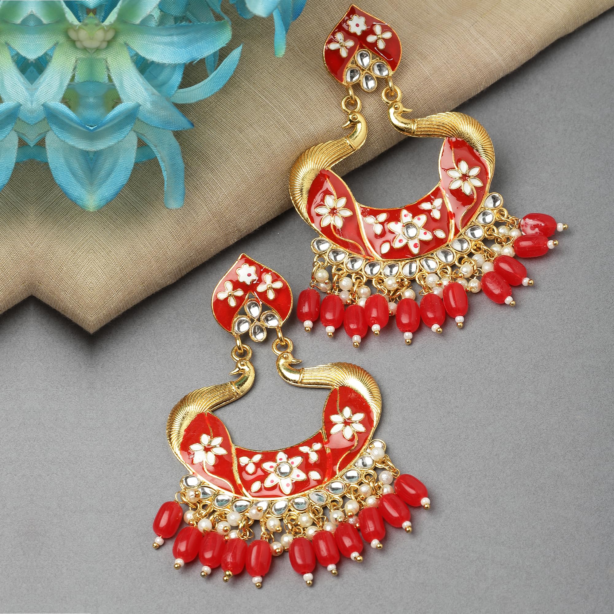 Gold-Plated Peacock Earrings with Kundan & Pearls