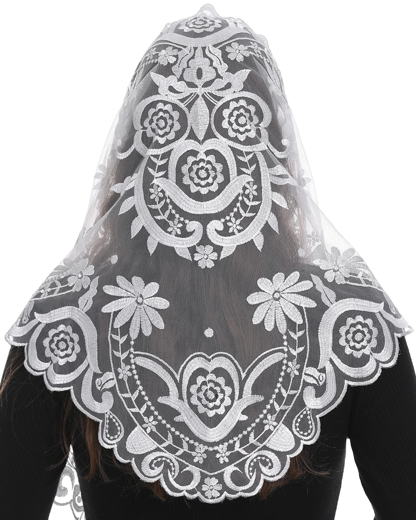 BozidolTriangle Catholic Church Mantilla Veils for Religious Christian Floral Lace Scarf Shawl Veil with Hairclips