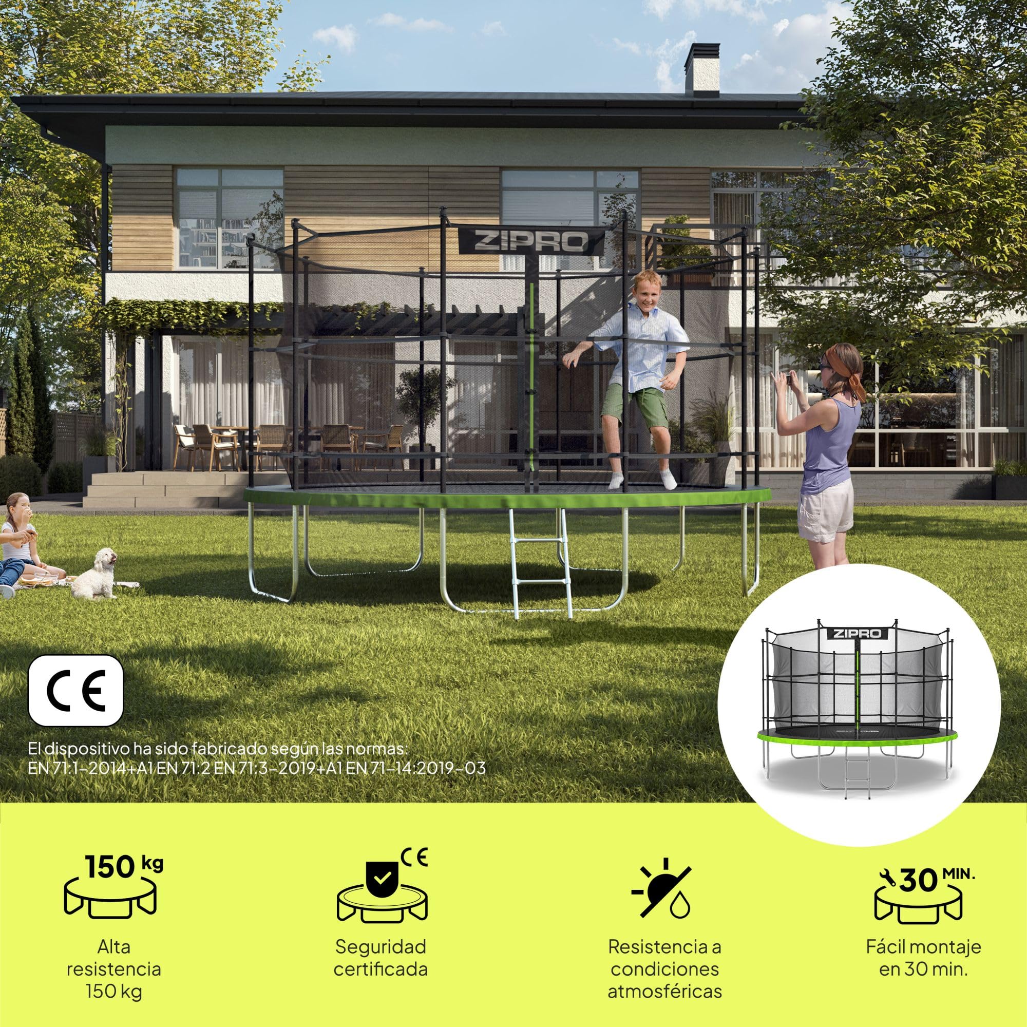 ZIPRO JumpPro IN Trampolín Exterior, Cama Elástica para Niños, con Red Interna, Resistente a la Intemperie, Protección UV, Montaje Fácil, Soporta 100-150 kg, Ø 183/252/312/374/435/496 cm