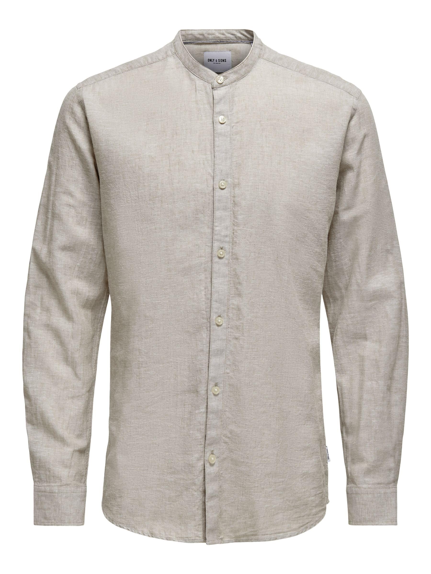 Only & Sons ONSCAIDEN SOLID LINEN MAO SHIRT Herren Langarmhemden – Größe M, grau (chinchilla)
