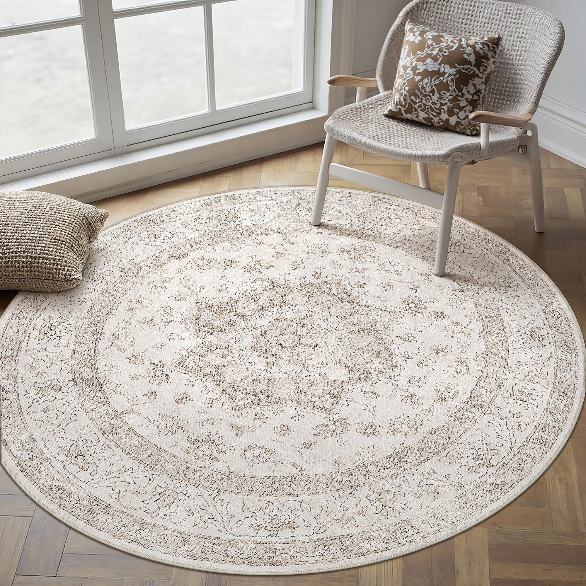 PureCozy Vintage Round Rug 240cm Beige Washable Carpet — image 1