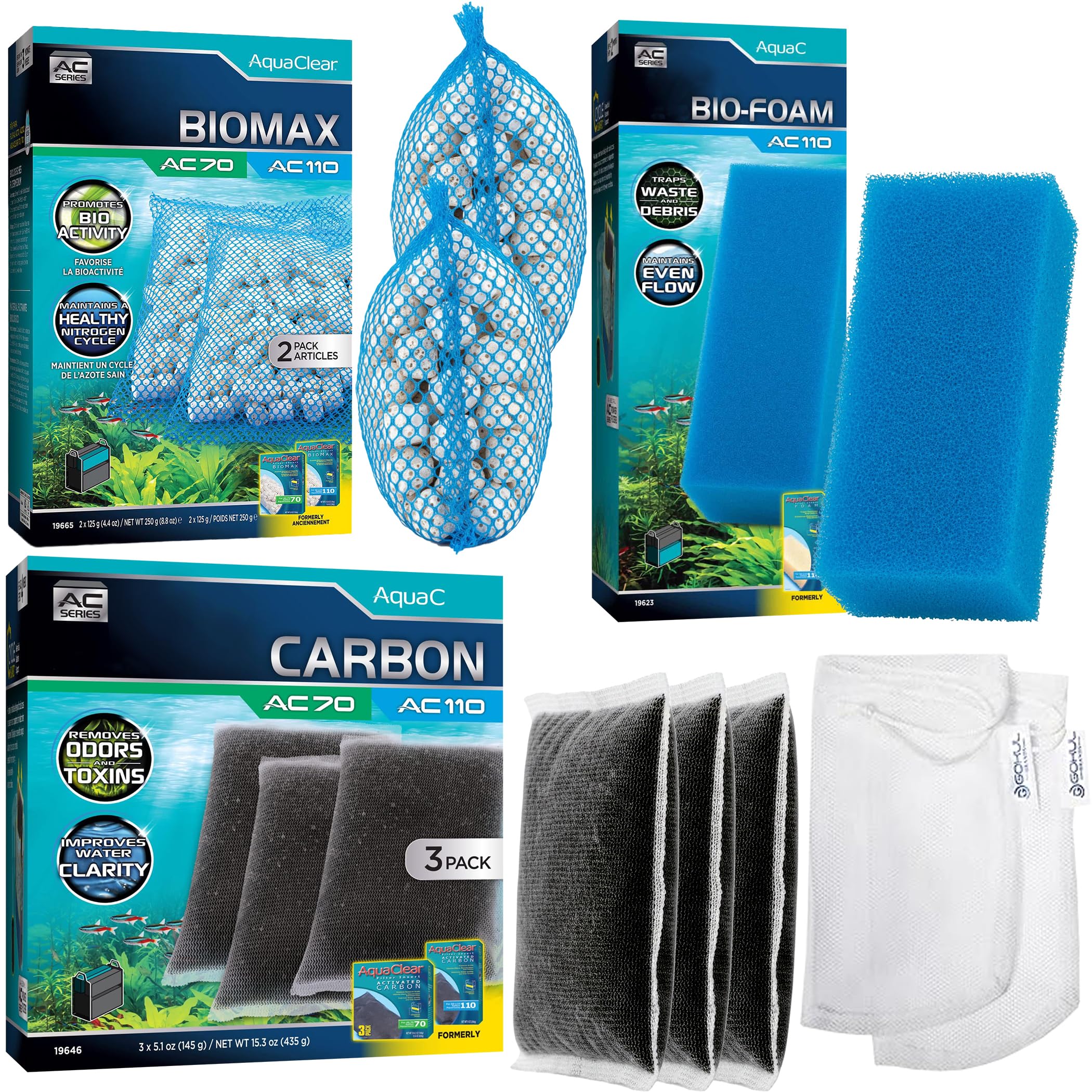 AquaClear 110 Kochfeld-Wartungs- und Ersatzfiltermedia-Set, einschließlich Netzbeutel der Marke Gokul (AquaClear Aktivkohle, BioMax Media, 110 Schaumstoffeinsatz)