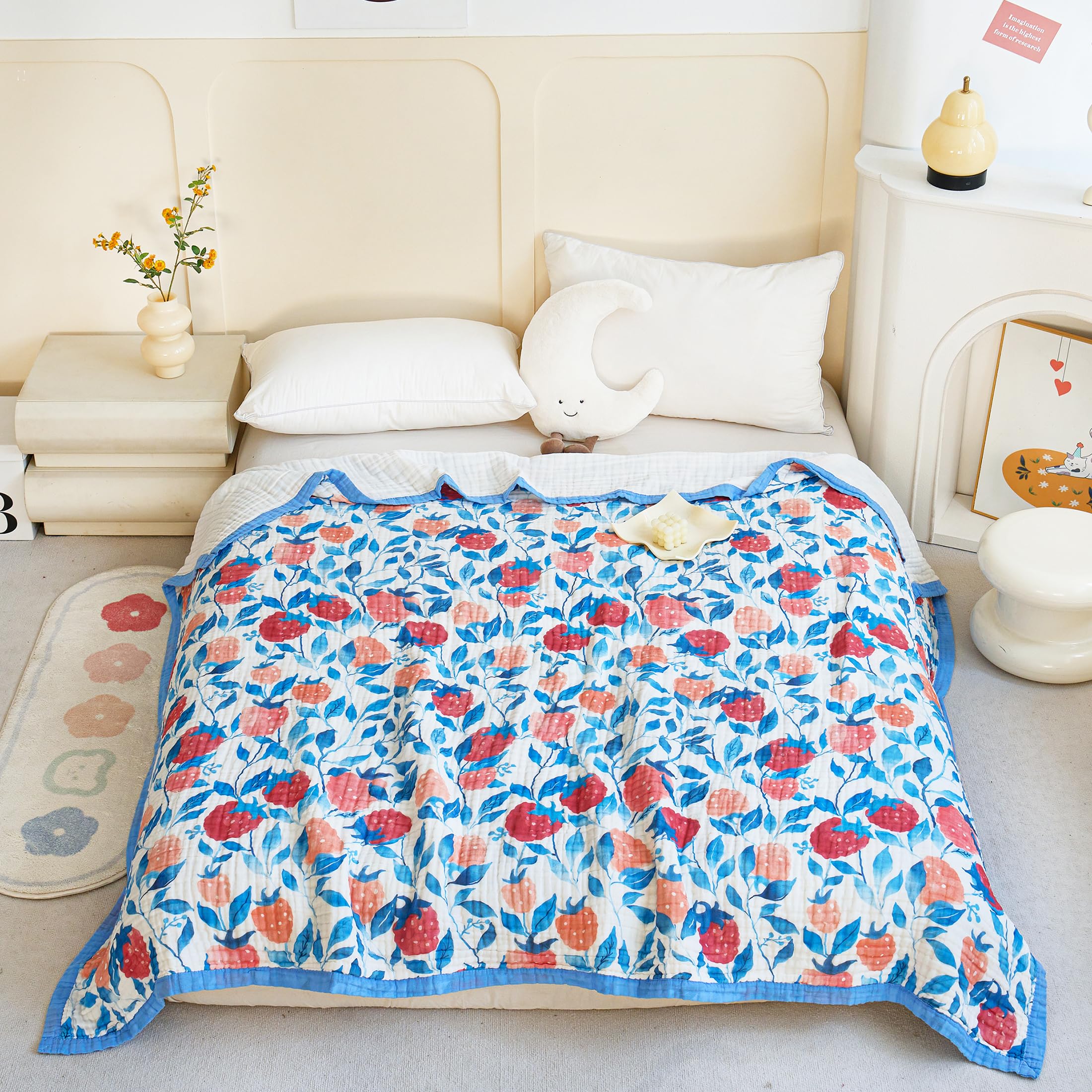 J-pinno Strawberry Cute Red Pink Fruit Muslin Blanket Reversible 100% Cotton 6 Layer Quilt Bed Blanket Soft Warm Throw Sofa Couch Toddler Kids Cartoon Travel Coverlet (Strawberry, Twin 56