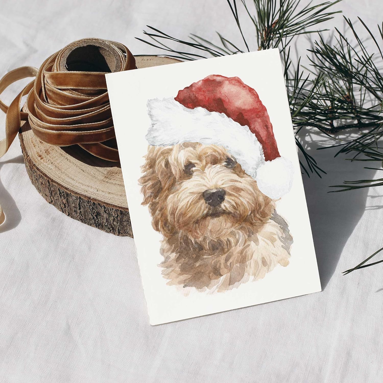 Ritzy Rose 24 Christmas Labradoodle Greeting Cards with Watercolor Holiday Dog in Santa Hat + Envelopes
