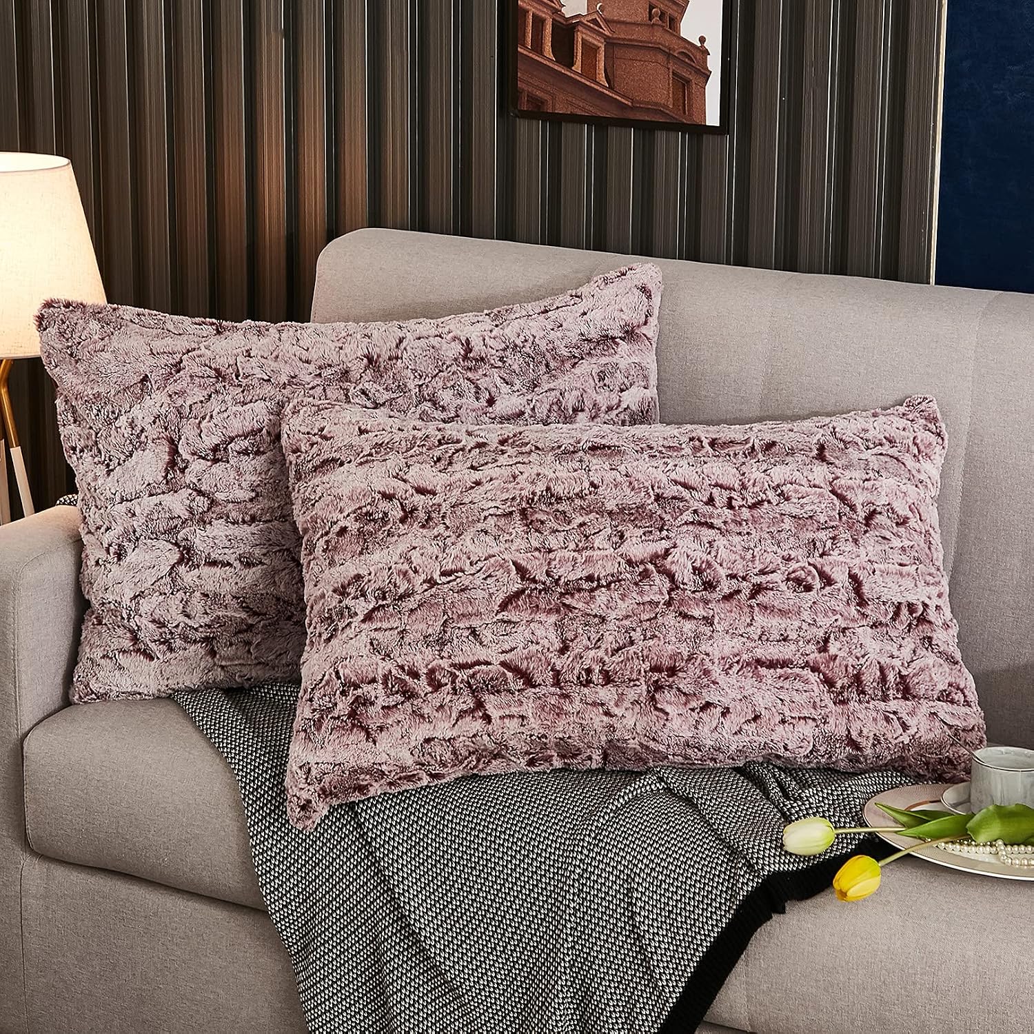 Yaoshuho Fluffy Faux Fur Pillow Covers Ombre Shaggy Pillow Shams Plush Mink Velvet Decorative Throw Pillows Cases Zipper Closure, Set of 2 (Burgundy, 20" x 36" Inch)