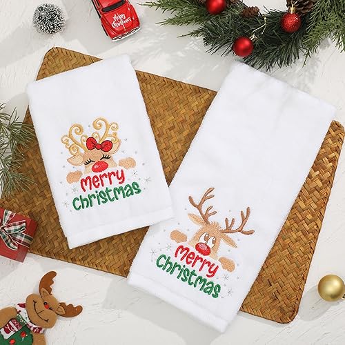 Vista 14 de Paquete de 2 toallas de mano de Navidad, 100% algodón, 100% algodón, para decoración de baño y cocina, toallas de mano navideñas con lazo rojo Red