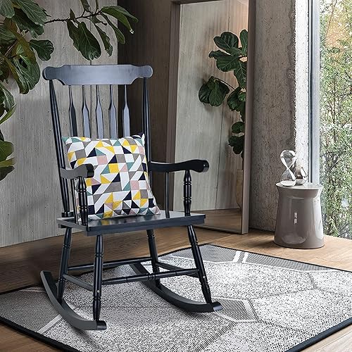 Miniatura 2 de PHI VILLA Mecedora de madera para exteriores, sillas mecedoras de madera de acacia de gran tamaño con respaldo de listones para patio, terraza,