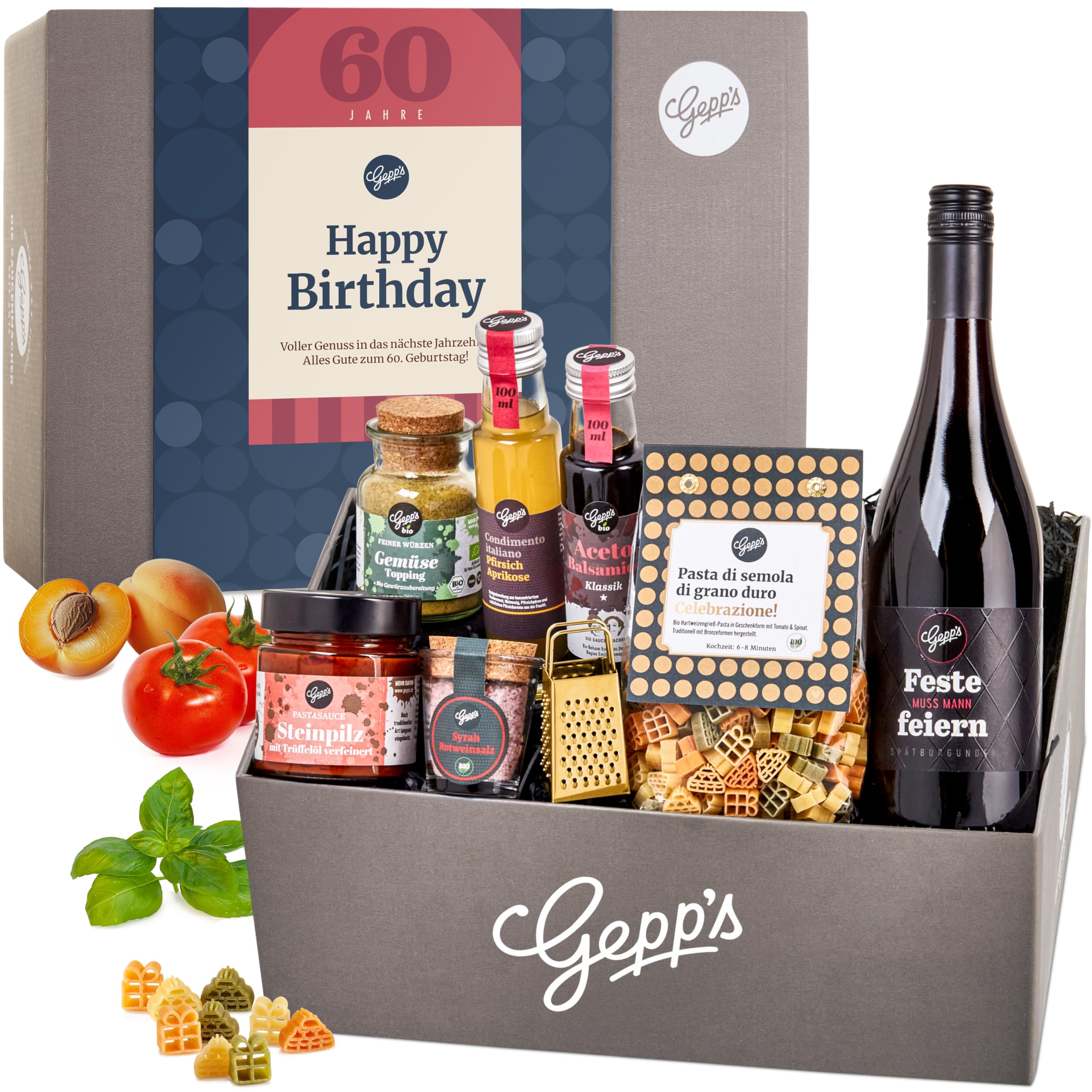 Gepp’s Feinkost Gourmet Geschenkset 60. Geburtstag Wein Gewürze Essig Pasta Parmesanreibe Geschenkkorb