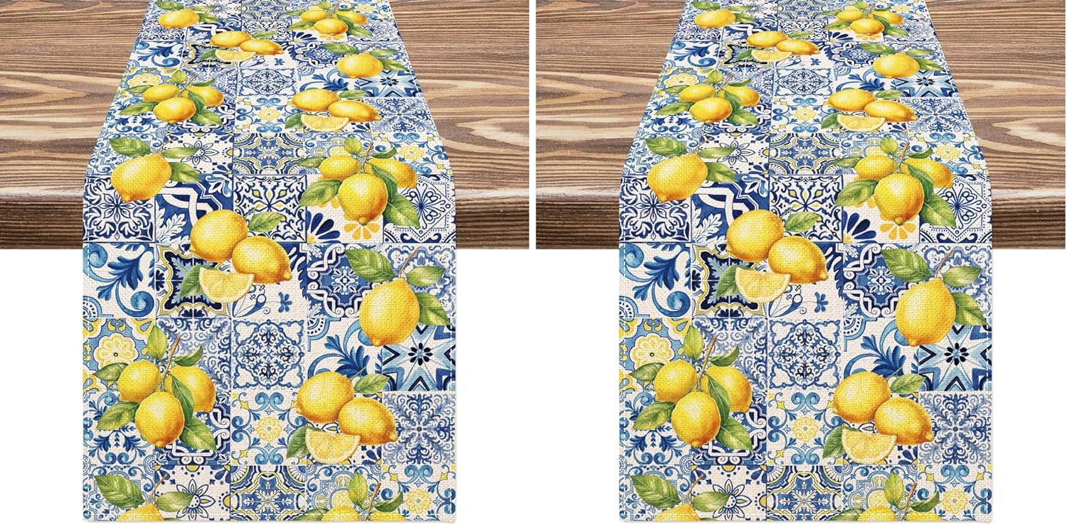 JarThenaAMCS Lemon Tiles Table Runner Blue Yellow Kitchen Dining Table Decoration Summer Table Cover for Home Kitchen Indoor Outdoor Patio Party Supplies, 13 x 72 Inch (Pack of 2)