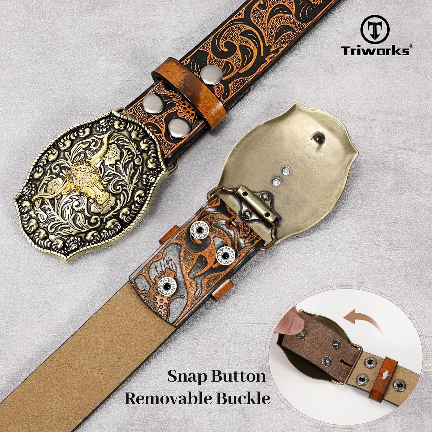 TRIWORKS Men's Western cowboy belt Classic embossed leather belts with Printed Engraved Buckle - Image 2
