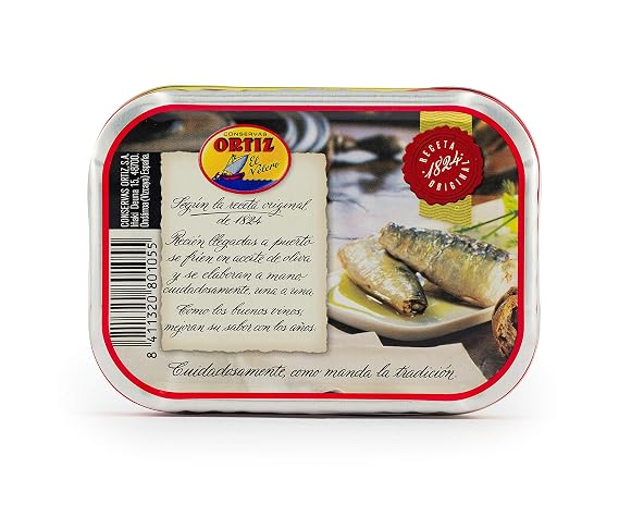 Ortiz Sardines A la Antiqua 'Old Style', Moist and Tender, Wild Caught in Spain and Hand-Packed in Premium Extra Virgin Olive Oil, Enjoy in Salads, Sandwiches and on Toast, 4.9oz Can (Pack of 8)