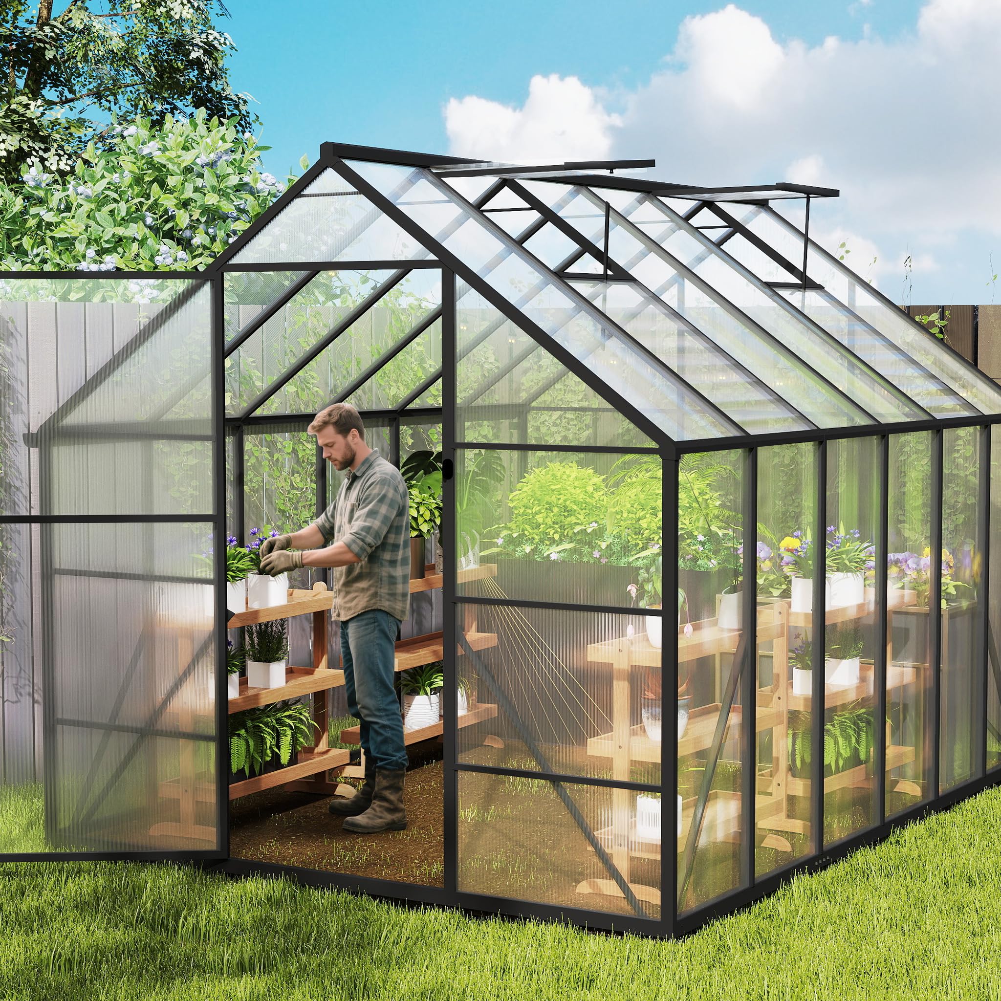 Serra in alluminio con pannelli trasparenti PC, lucernario, porta e fondazioni, 305x250x205cm Inverno Tenda da Giardinaggio accessibile, vivaio di coltivazione per giardino ed esterno