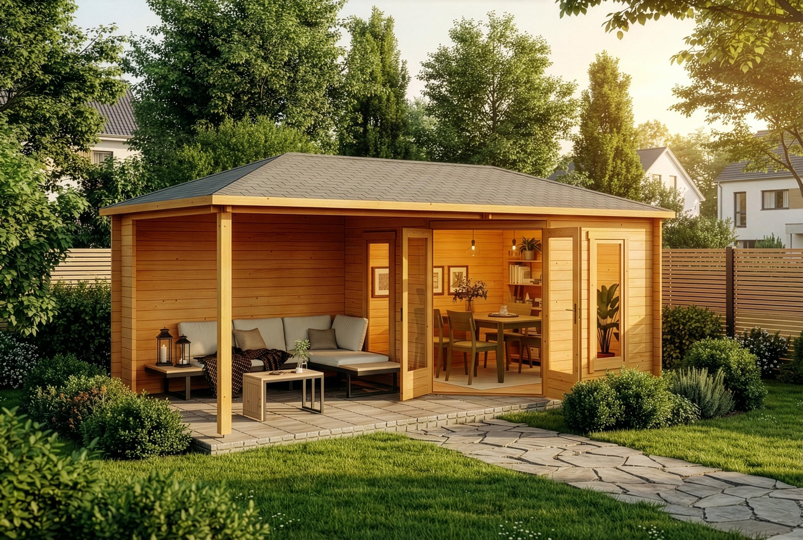 Alpholz 5-Eck Gartenhaus Liwa aus Holz in imprägniert Pinie mit 40mm Wandstärke und Walmdach, Größe: 595 x 300 cm