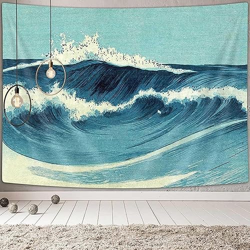 Miniatura 9 de Tapiz retro oceánico para colgar en la pared, tapiz vintage azul acuarela olas del océano, tapiz de pared japonés de olas de mar, tapiz indio para