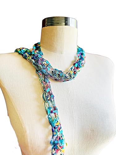 Skinny Scarf, Turquoise and Rainbow Mix Necklace Scarf Lightweight Scarf, Fashion Scarf, Handmade in the USA, Fiber Jewelry Single Loop Fashion