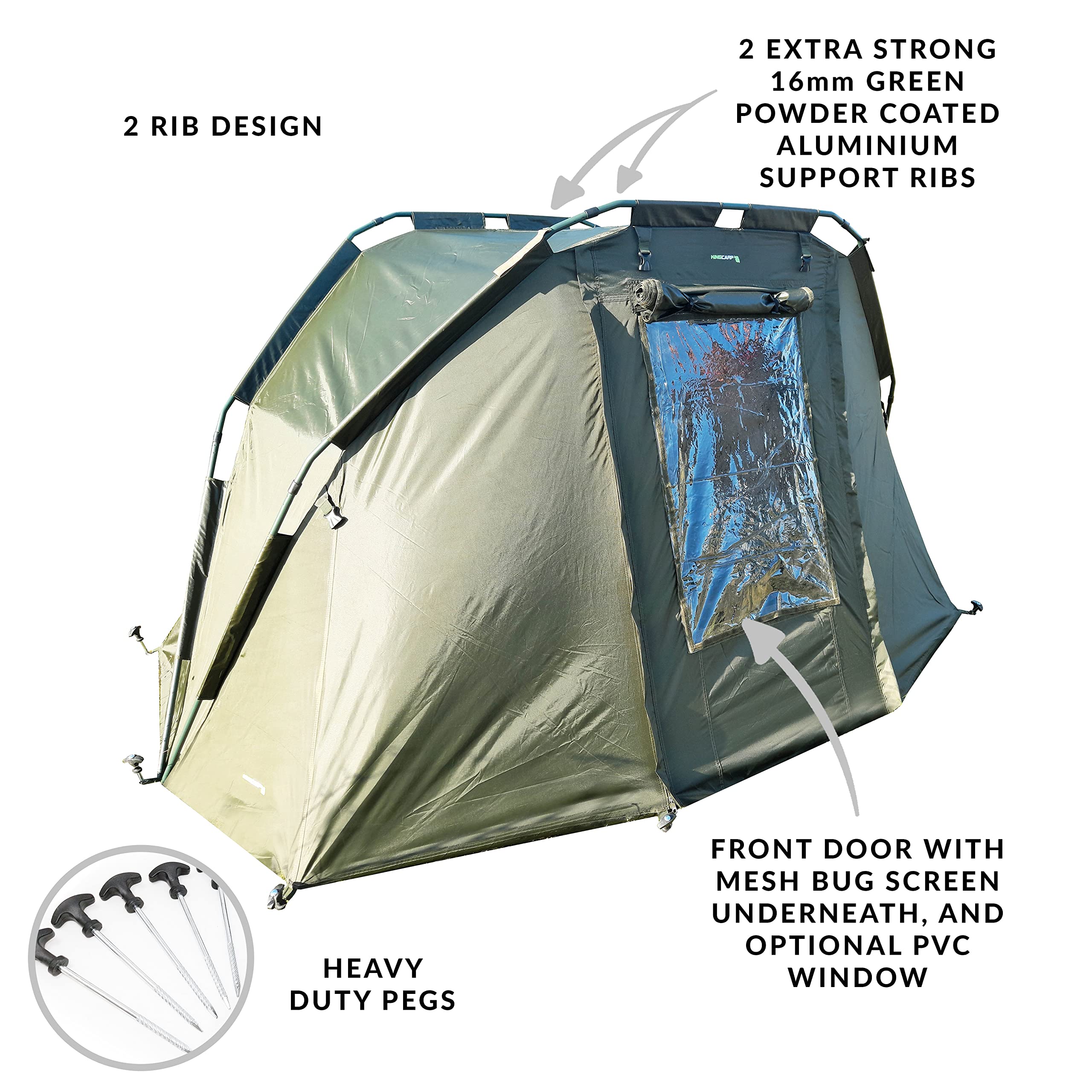 KING CARP,1 hombre Bivvy/Pesca Día Refugio Impermeable 210D Material, clavijas y bolsa de transporte [25-1711], verde