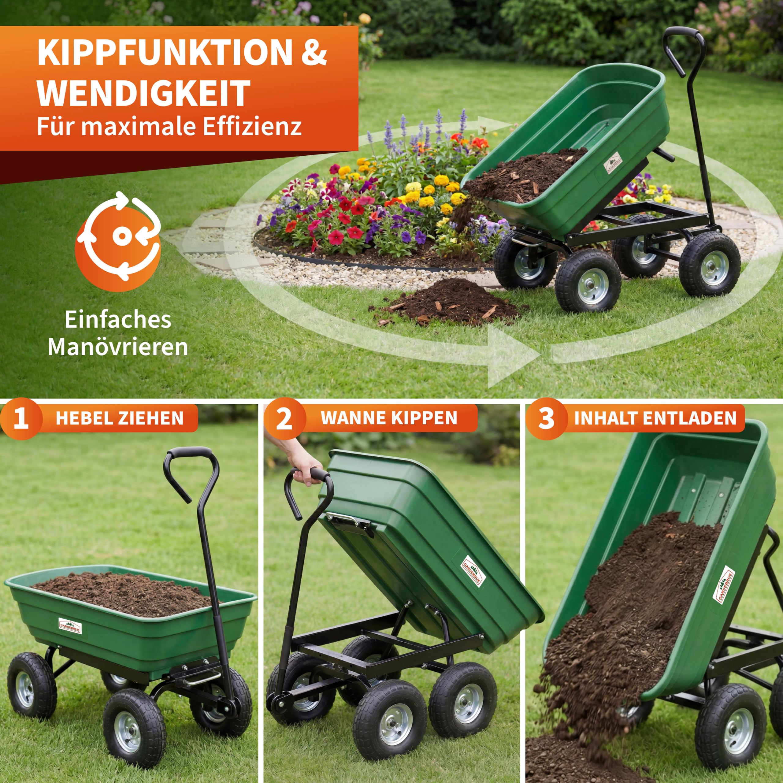 GARDEBRUK® Bollerwagen mit Kippfunktion 300kg Belastbar 4 Profil Gelände Räder Luftbereift Lenkachse 75L Groß Transportwagen Handwagen Gartenwagen