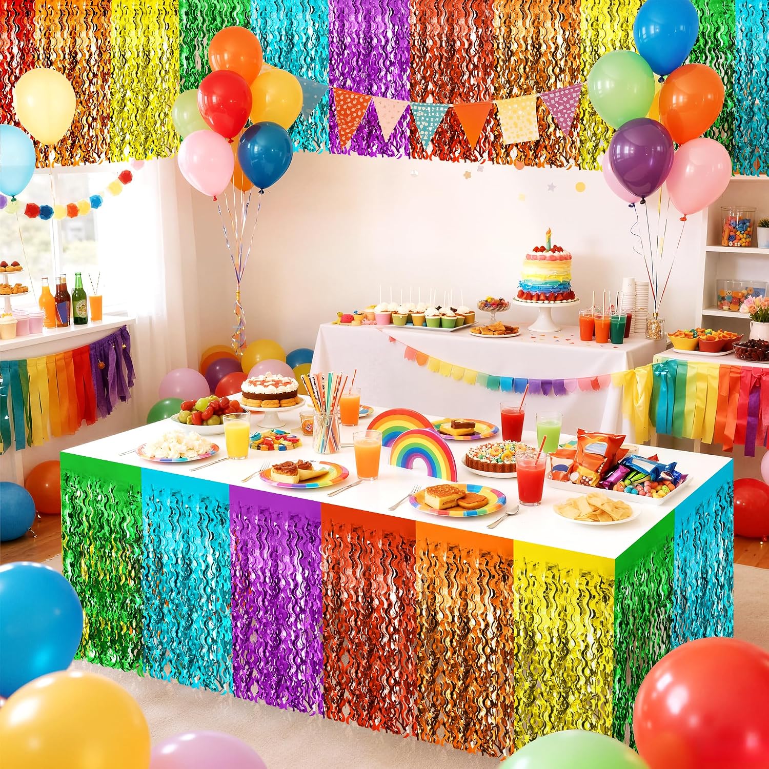 2 Pack Rainbow Wavy Table Skirts, 30x108" Metallic Tinsel Foil Fringe Table Skirt for Rectangle and Round Table, for Birthday Decorations Weddings Rainbow Party Supplies