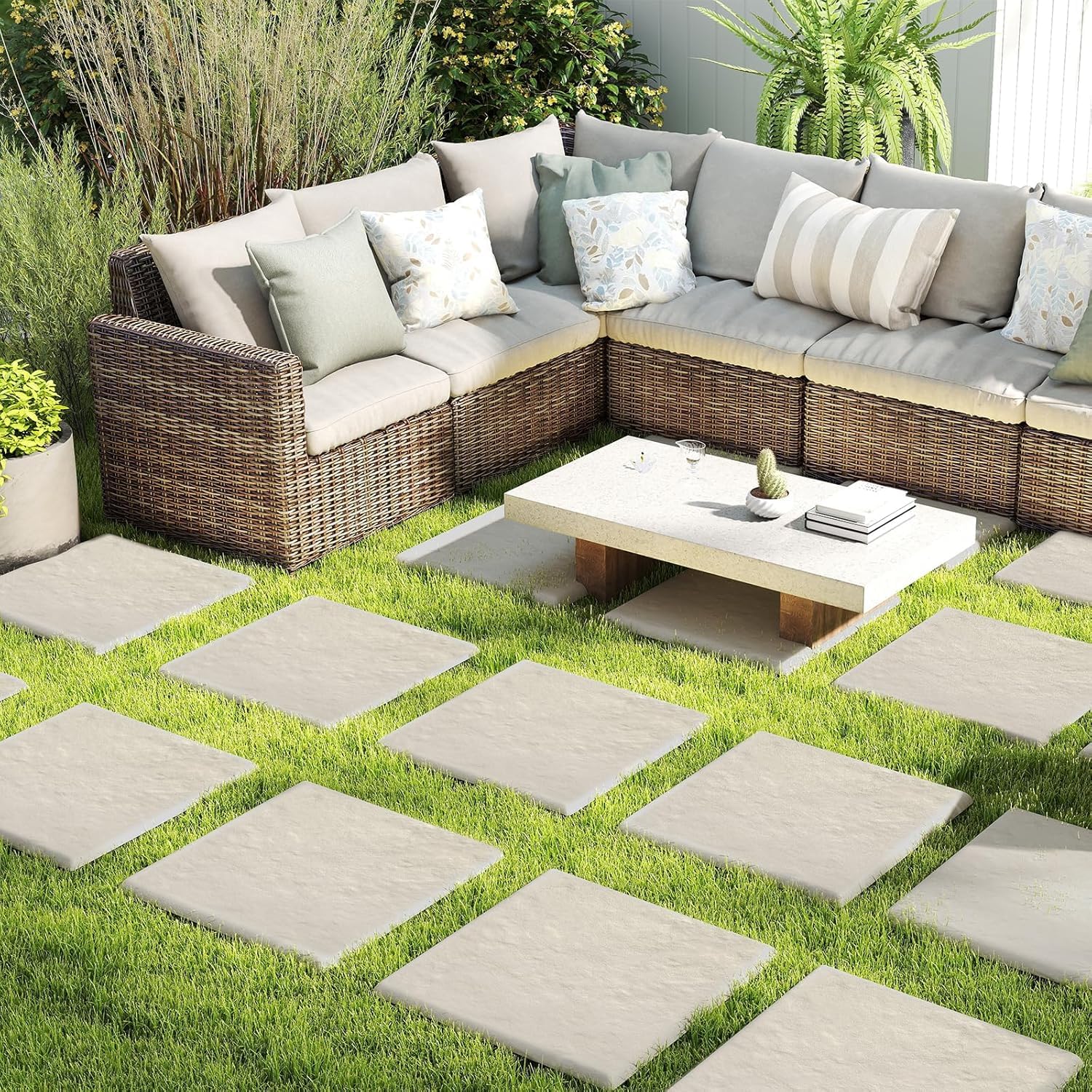 LIFEZEAL 8 Pezzi Pietre da Giardino con 4 Picchetti, Piastrelle per Esterno 39,5 x 39,5 cm, Pietre Decorative in PP Resistente per Passerelle da Giardino e Passeggiate Esterne (Beige)