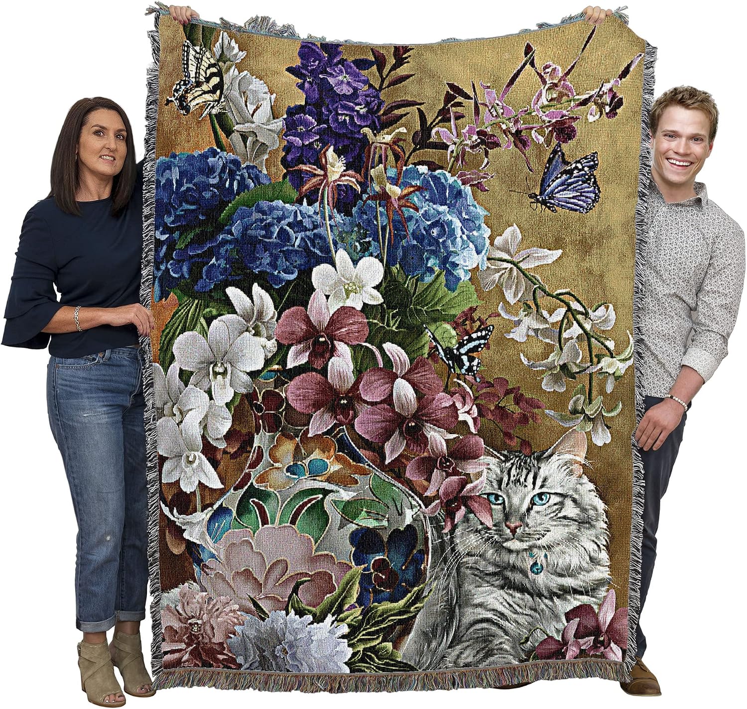 Pure Country Weavers Gilded Cat and Flowers Blanket by Nene Thomas - Gift for Cat Lovers - Tapestry Throw Woven from Cotton - Made in the USA (72x54)