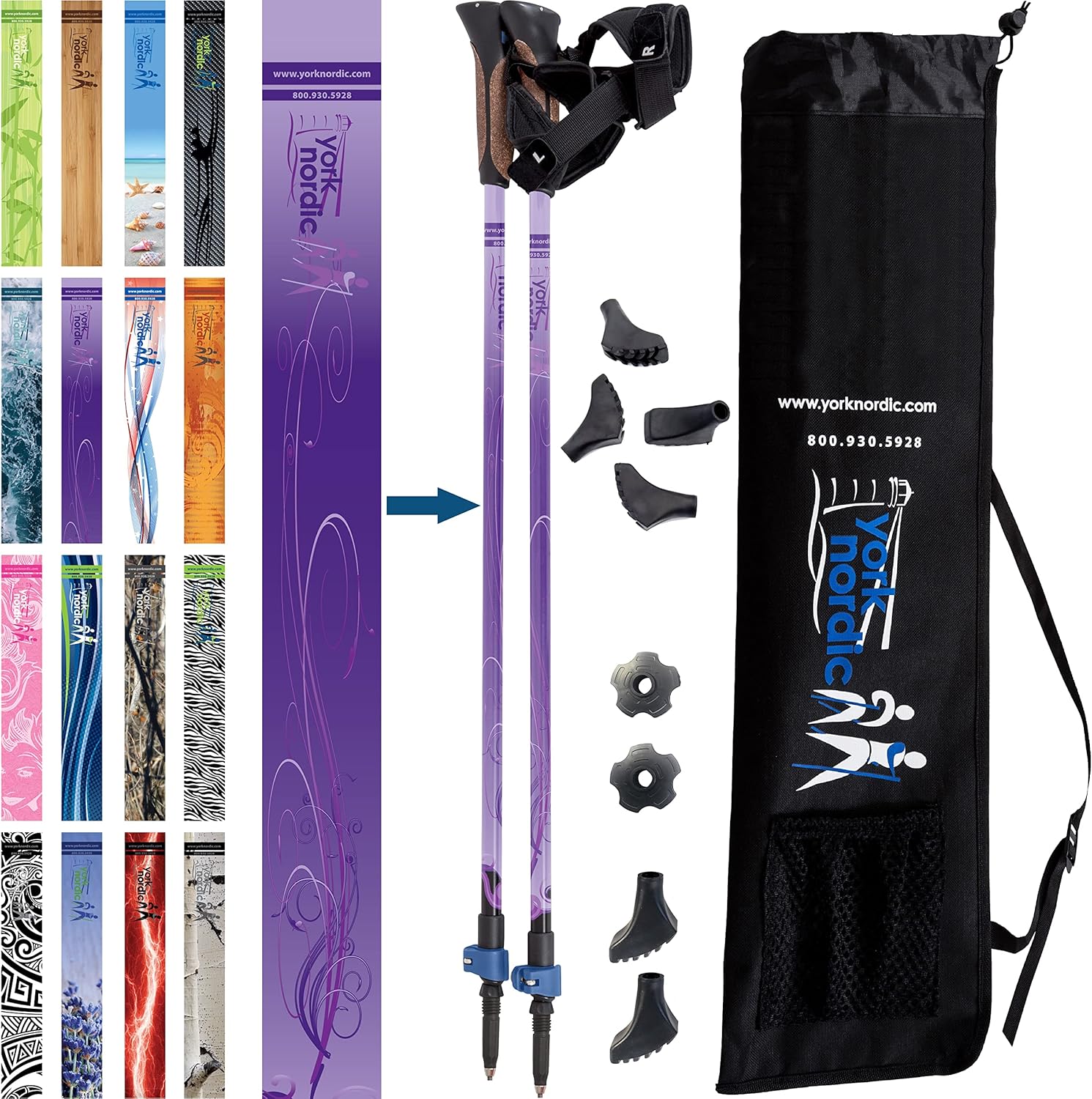 VTread Firm Tapered Four Pack Rubber Tips + York Nordic Purple Haze Nordic Walking Poles
