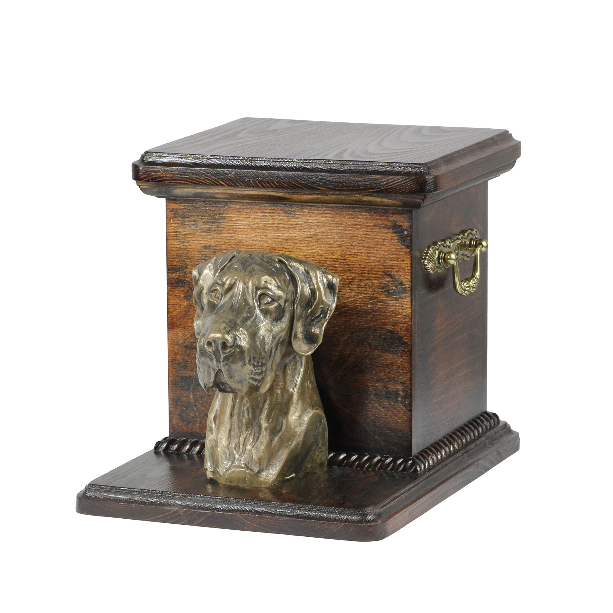 Urne de deuil Dogue Allemand, monument funéraire pour cendres de grands chiens en bois et bronze