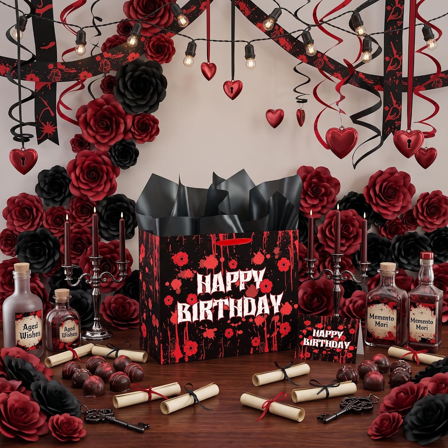Stranger Birthday Gift Bag Bloody Stranger Birthday Gift Bag with Tissue Paper Card Red Black Spooky Favor Bag Decorations for Kids Men Teens Thrilling Horror Movie Fans Halloween Party Supplies image 5