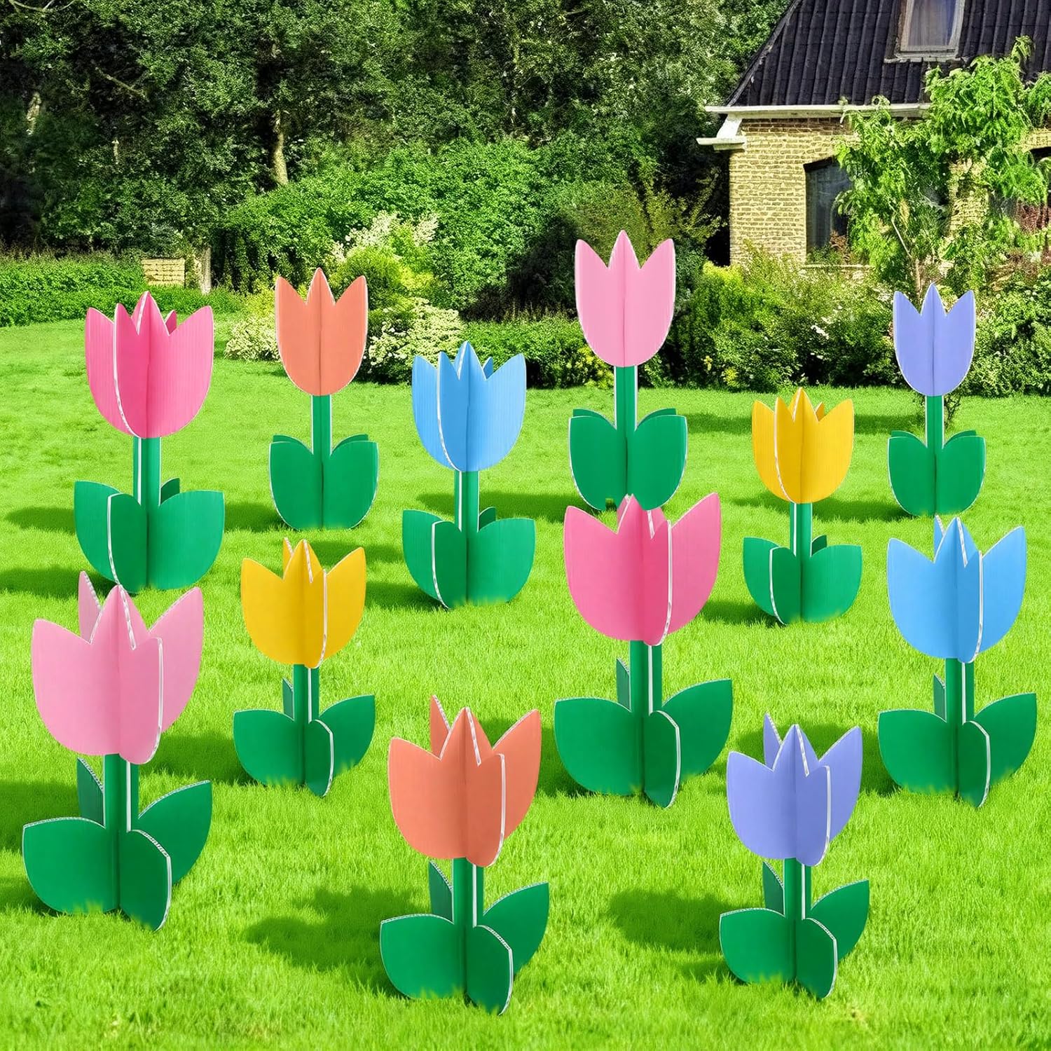 Thyle 12 Pcs Easter Tulips Yard Decorations Outdoor 10'' 11'' 12'' Spring Easter Tulips Yard Signs with Stakes Double Sided Printing Plastic Lawn Signs for Spring Outdoor Lawn Garden Porch Party Decor