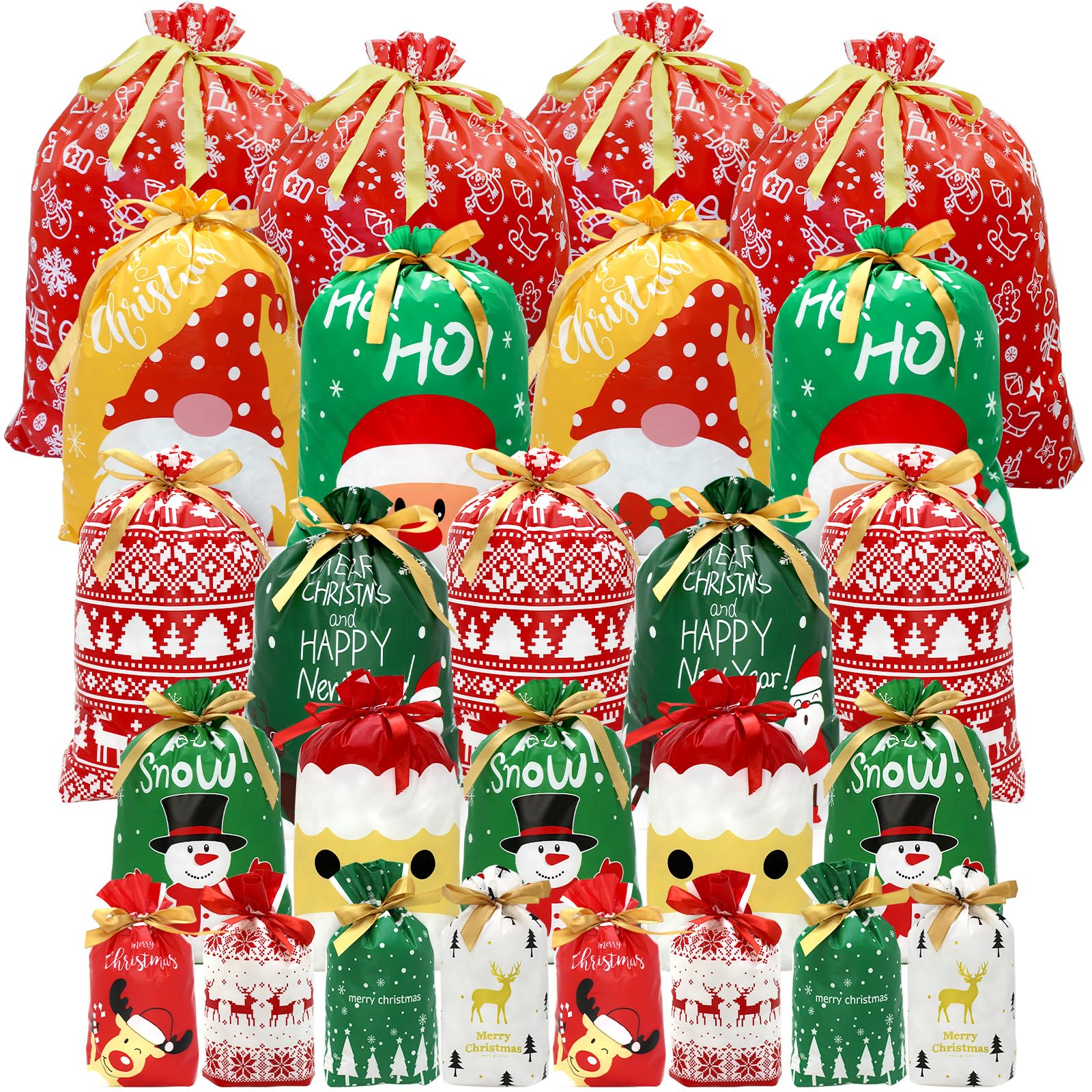 CH HAICHENG Lot de 36 sacs cadeaux de Noël réutilisables en plastique avec cordon de serrage - Tailles L, M, S