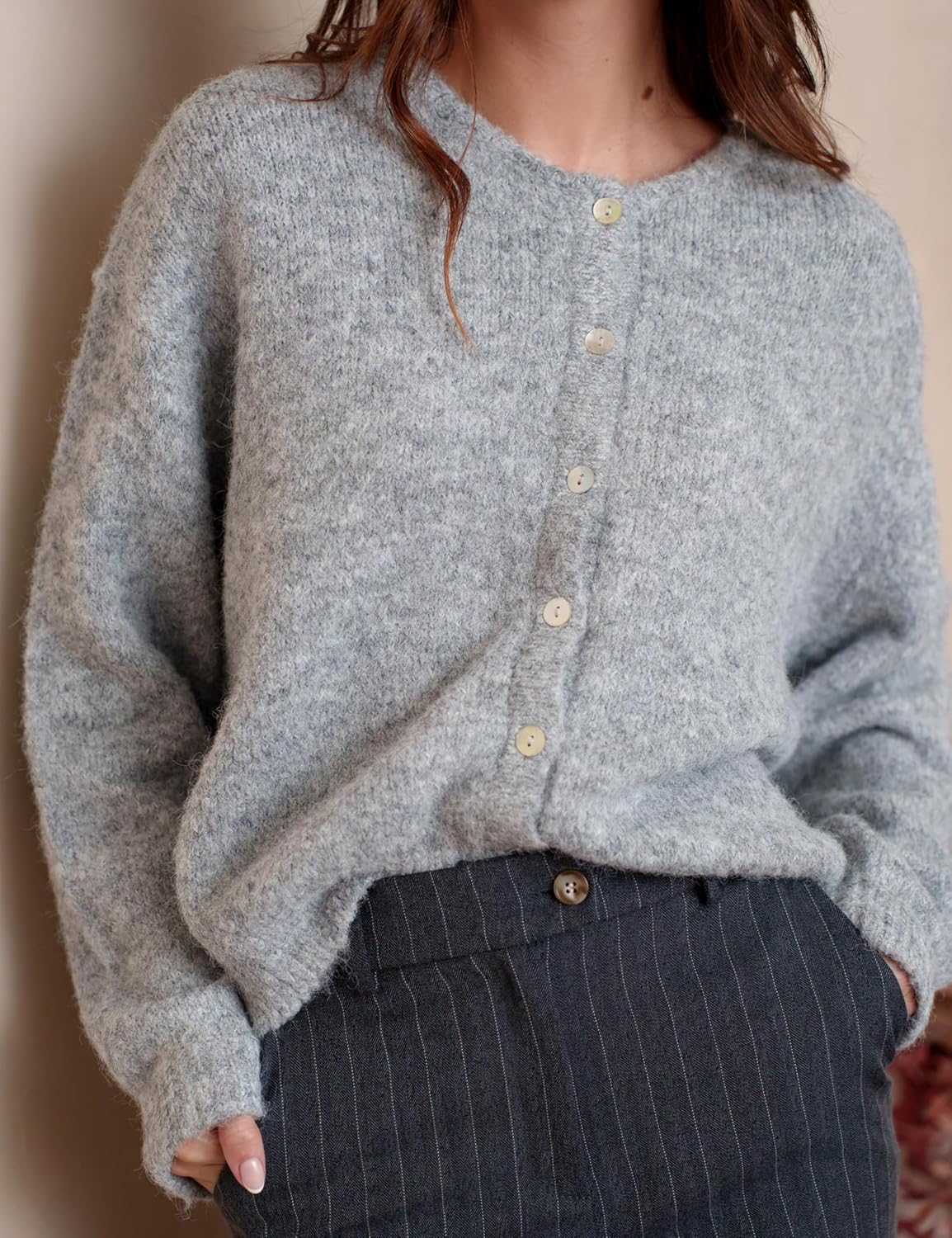 Ynhonra Women's Long Sleeve Front Button Y2k Cardigan Sweaters Crew Neck Loose 2026 Spring Tops