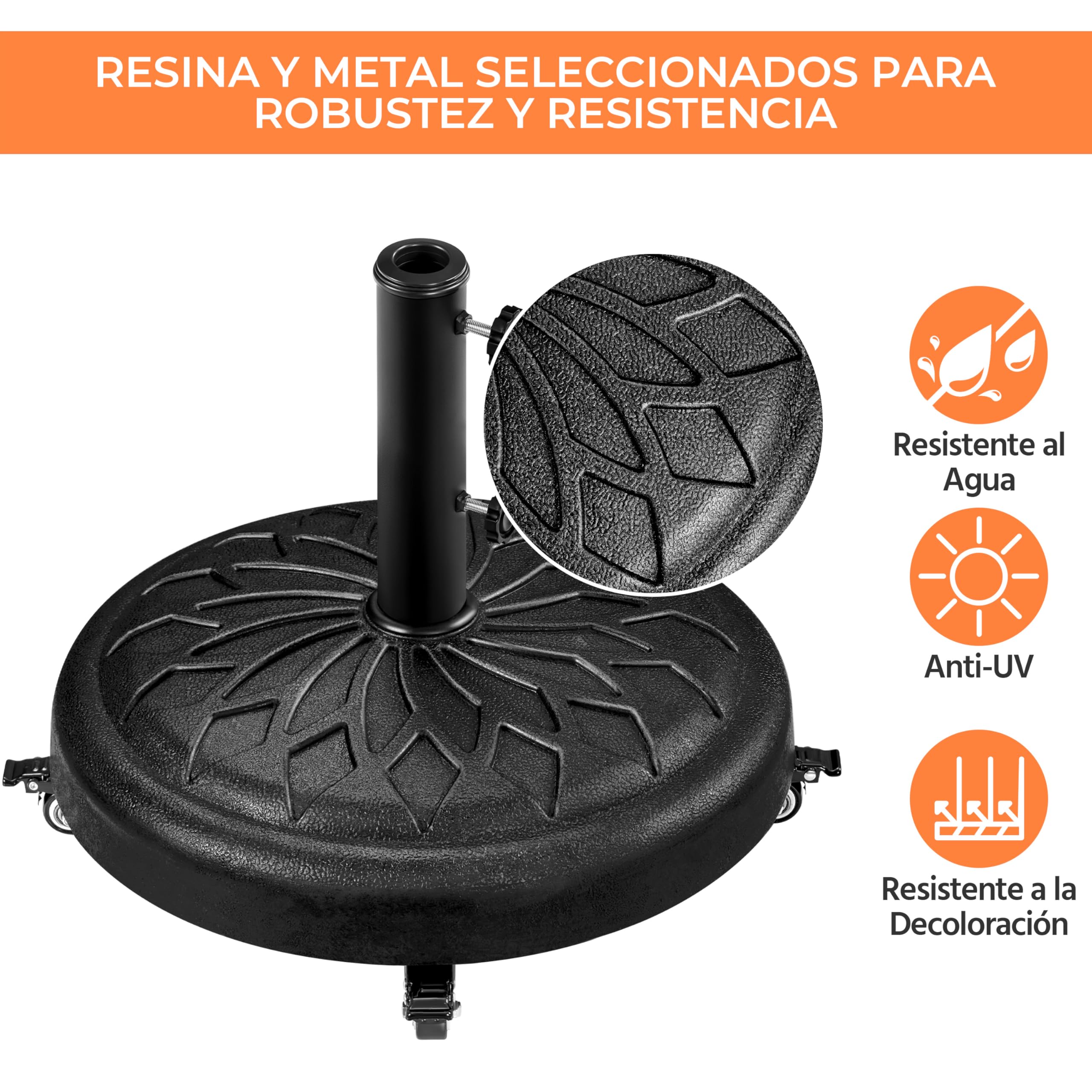 Yaheetech Base de Sombrilla 20kg Diseño Retro, 4 Ruedas Bloqueables Negro | Mástiles de 34/38/48mm, Fácil Movilidad, Resina y Metal Resistente a la Intemperie, Ideal para Jardín/Patio/Terraza/Eventos