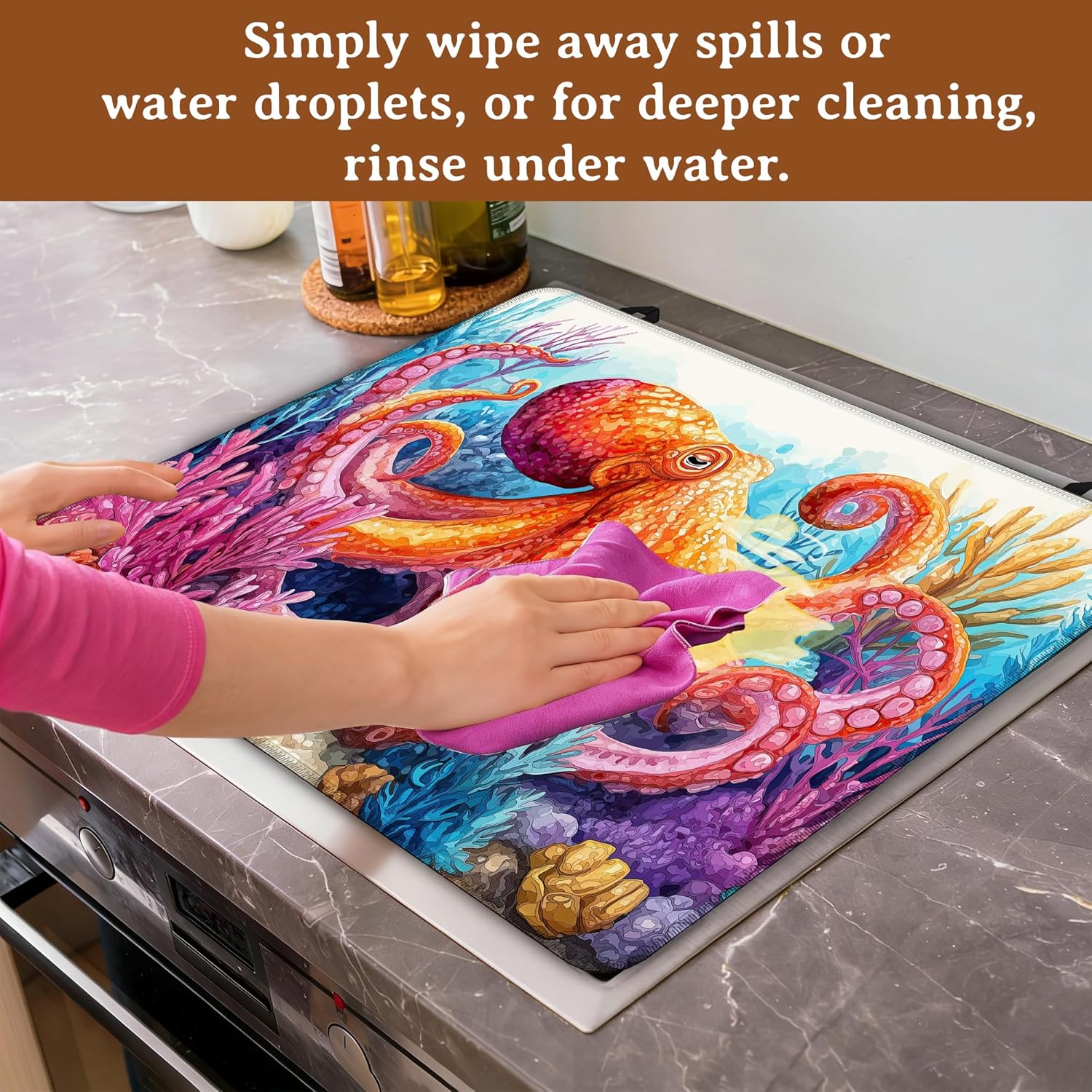 Electric Stove Top Cover,Funny Octopus Coral Stove Top Cover for Electric Heat Resistant Mat for Gas Cooktop Kitchen Washable Countertop Protector Mat 28.5×20.5in