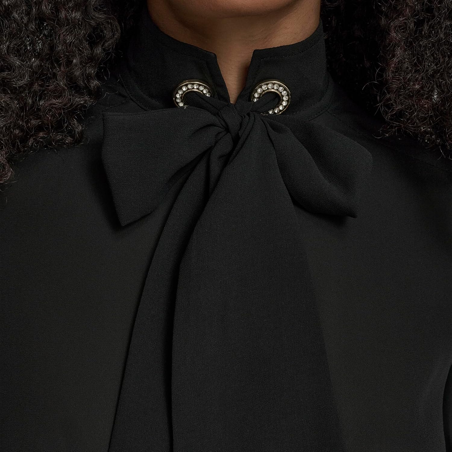 BCBG womens Long Sleeve Tie Neck Mixed Media Woven Blouse - Image 5