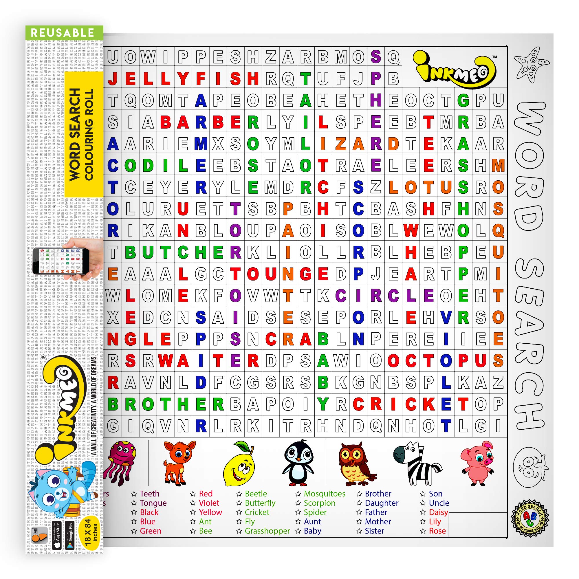 Inkmeo | Word Search Reusable Colouring Roll | AR Enabled | Interactive Educational Learning Activity | for Kids | Ages 5+ | Best Gift | Size (18 X 84 Inches) | 200 Word Search Puzzles (B07MDRWVLM) Amazon Price History, Amazon Price Tracker