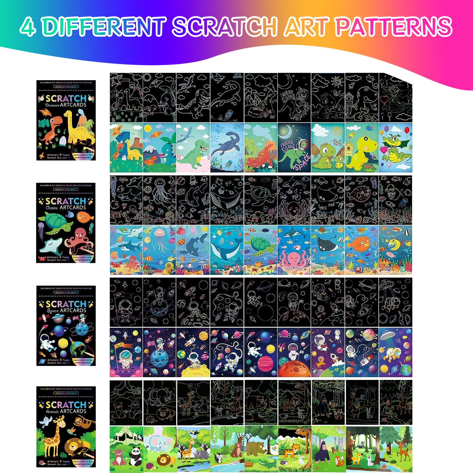 Set 4 Blocs Dibujos Para Rascar Para Niños, Papel Mágico Arcoíris Para Rascar, Libro Para Rascar Con Temas Dinosaurios, Espacio, Océanos y Animales, Con Lápiz Madera, Ideal Para Relajarse y Decorar
