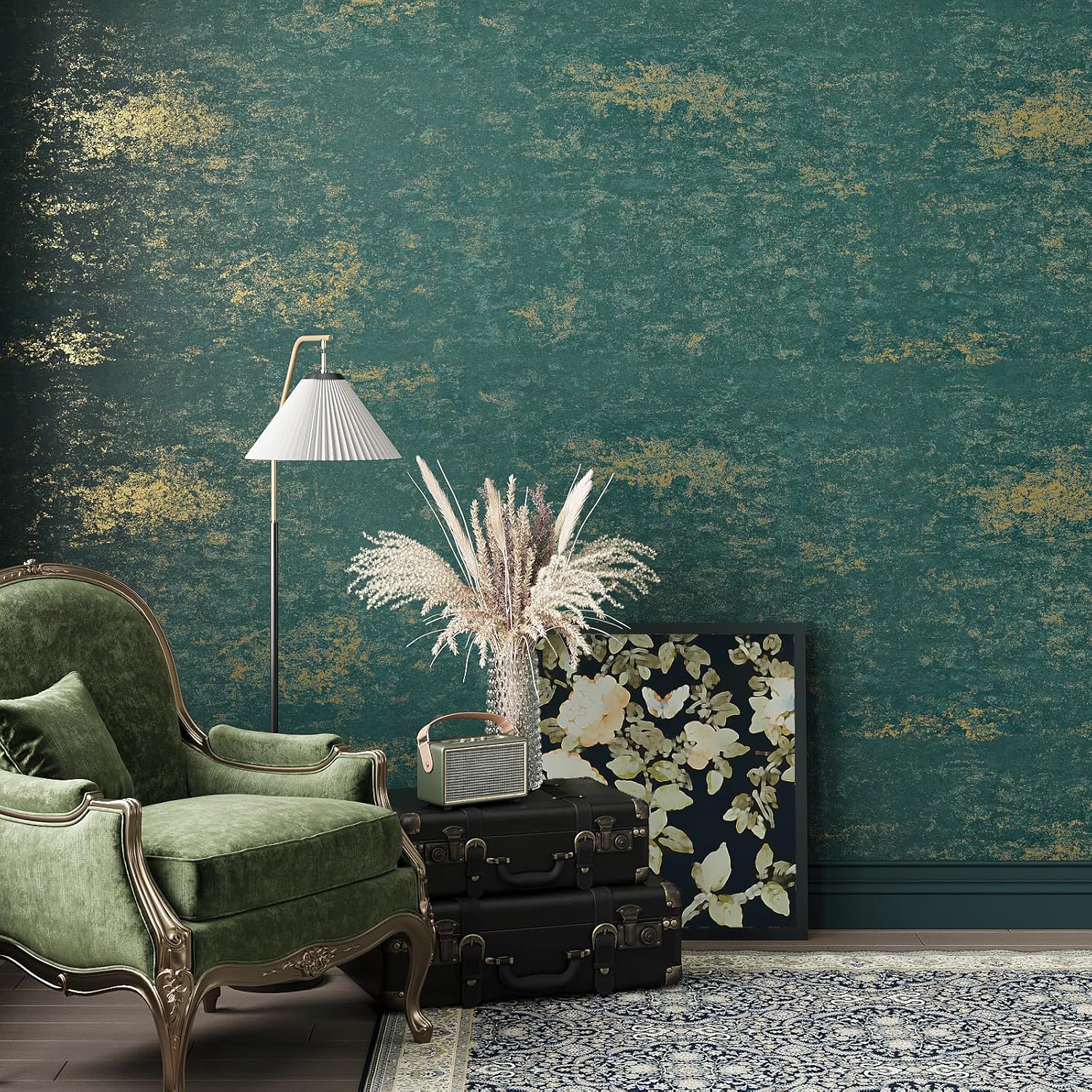 VEELIKE Distressed Teal Gold Metallic Peel and Stick Wallpaper Plaster Concrete Wallpaper for Bedroom Living Room 15.7''x354'' Self Adhesive Removable Green Metallic Contact Paper for Accent Wall