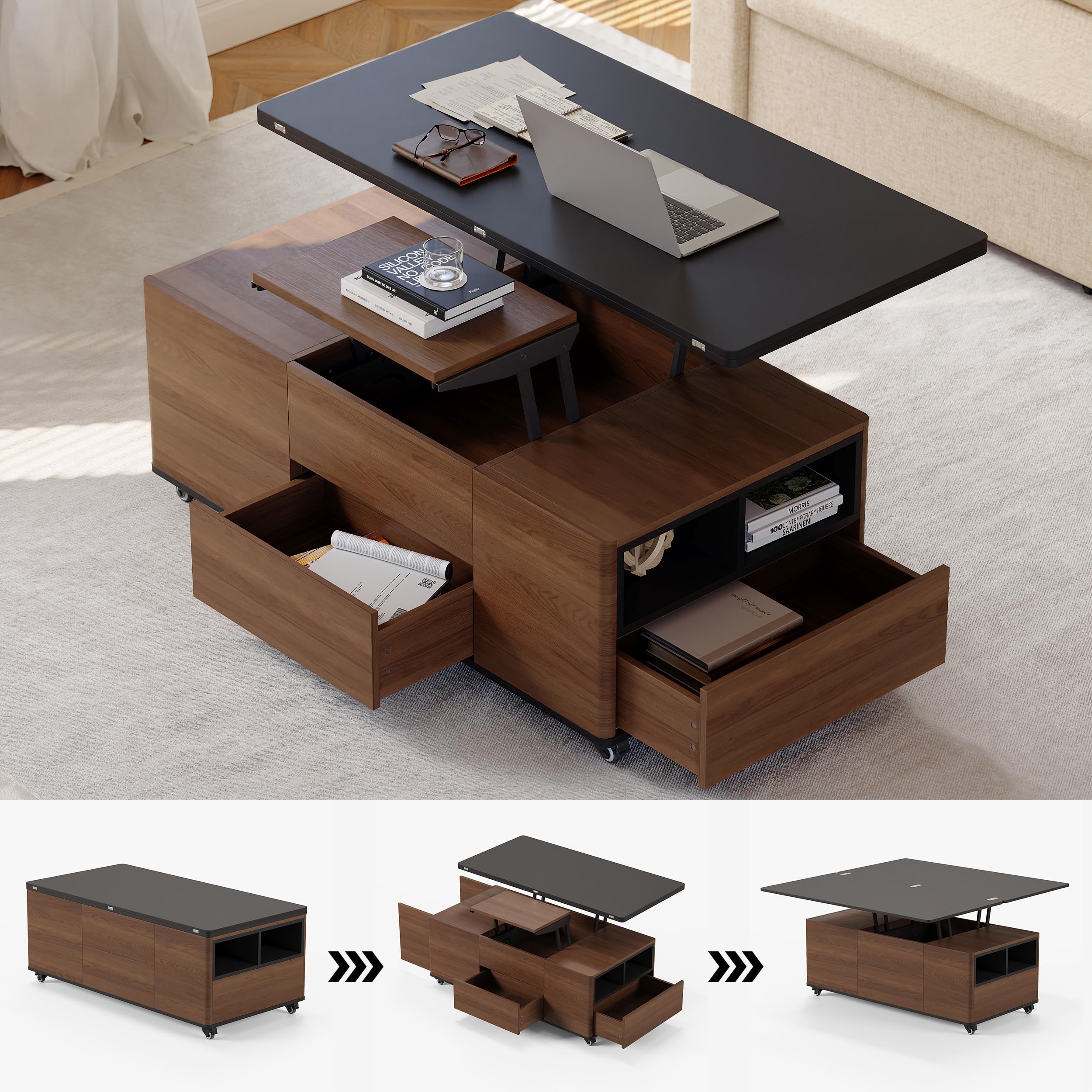 Homary Mesa de Centro Elevable y Extensible con Almacenamiento