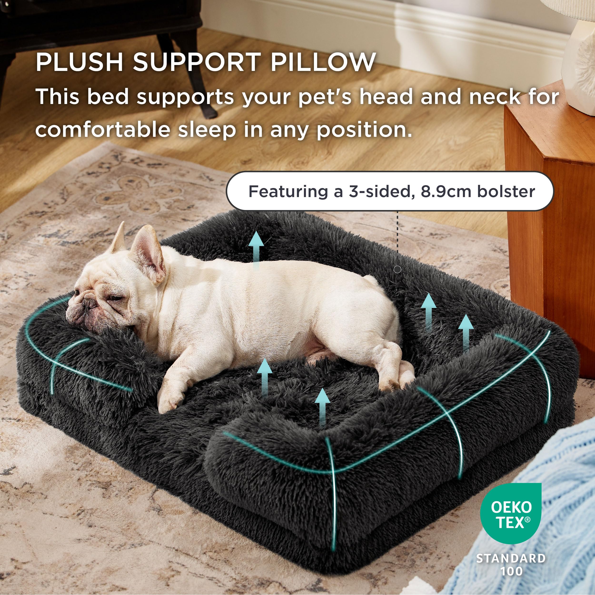 Bedsure, Letto/divano ortopedico per cani, di dimensioni medie, con rivestimento in peluche con cerniera sfoderabile e lavabile, grigio scuro, 71 x 58 x 16 cm