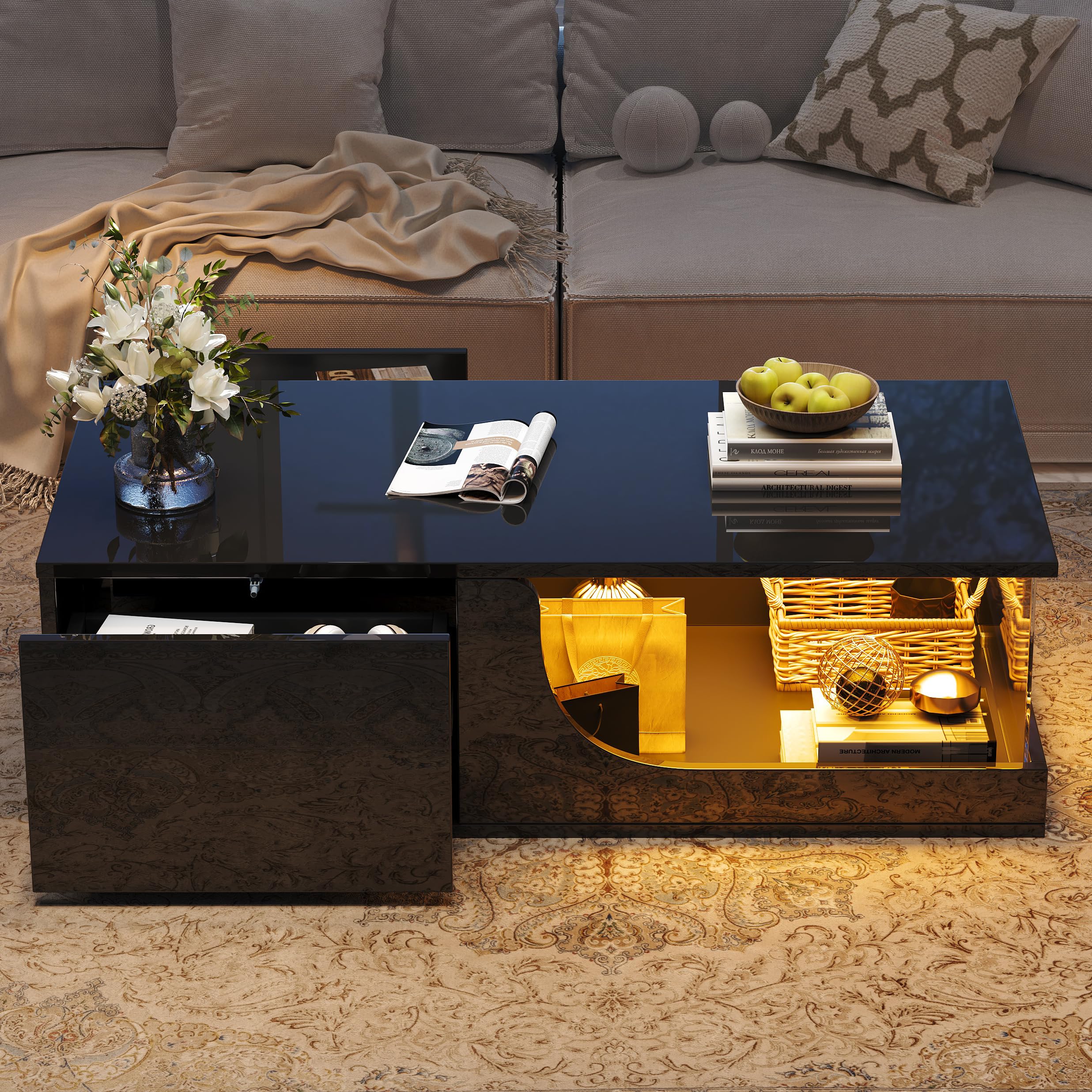 Merax Table Basse LED avec 2 tiroirs, Table de Salon Haute Brillance avec Plateau en Verre trempé, Table de café Moderne avec éclairage RGB contrôlé par Application, Couleur Noire,100×50x30 cm