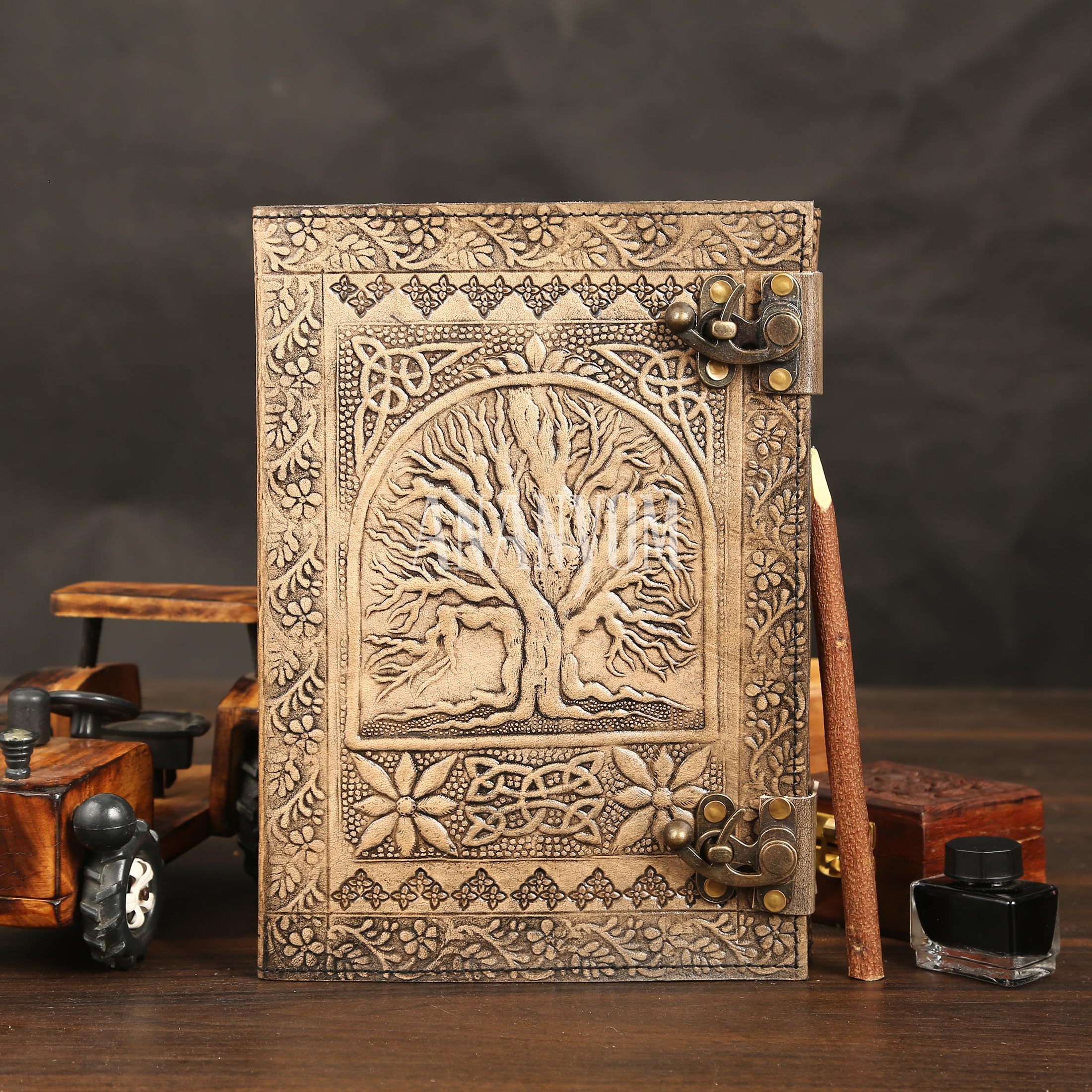 Tree Of Life Leather Journal | Embossed Handmade Sketchbook With Brass Lock - View #3