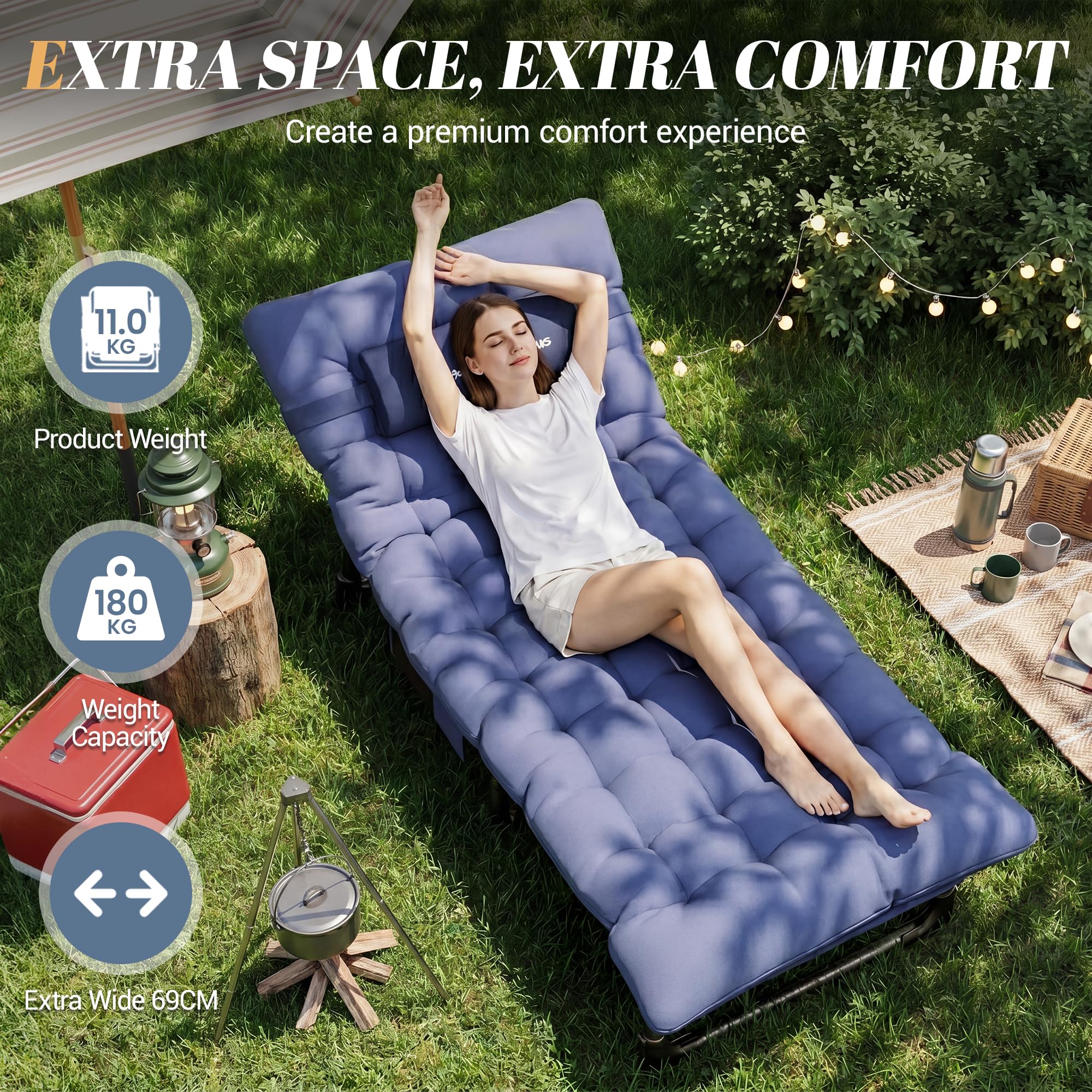UDPATIO Transat Jardin Extérieur avec Coussin - Bain de Soleil avec Poches Latérales et Appui-tête Adjustable - Chaise Longue Réglable et Pliable (200x69x34 cm) - Bleu