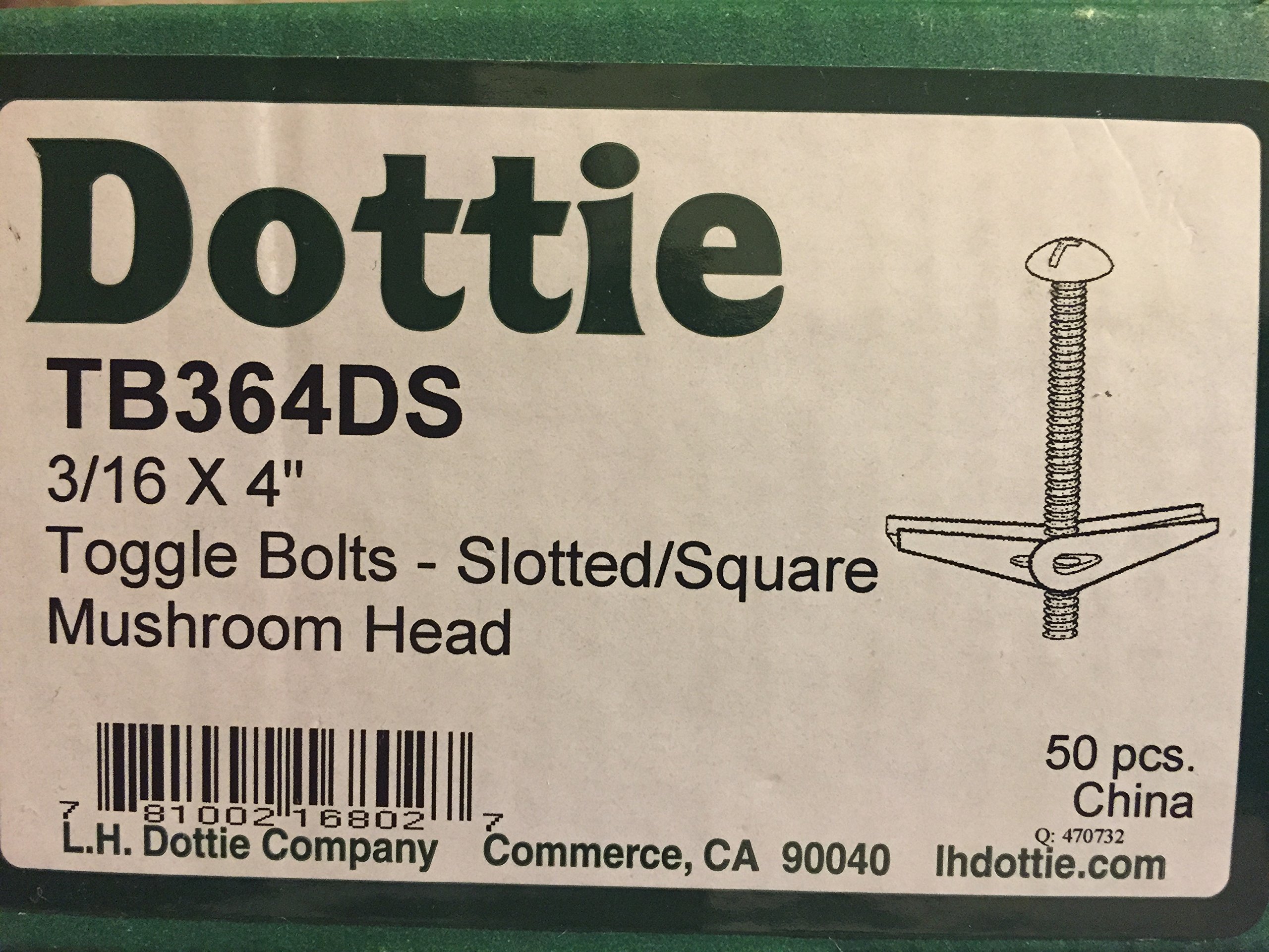 L.H. Dottie TB364DS Toggle Bolt, Mushroom Head, Slotted/Square, 3/16-Inch Diameter by 4-Inch Length, Zinc Plated, 50-Pack