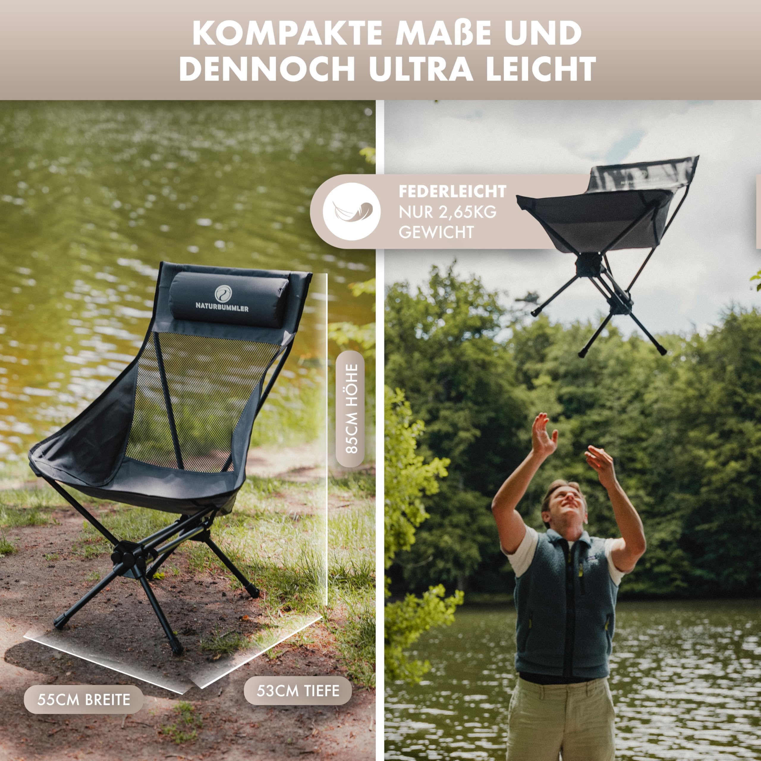 NATURBUMMLER Campingstuhl faltbar [Cloud Sit Light] – Ultraleicht (2,65 kg) & atmungsaktiv – inkl. Tragetasche – kompakter Klappstuhl 120 kg belastbar für Garten Angeln Outdoor (Grau)