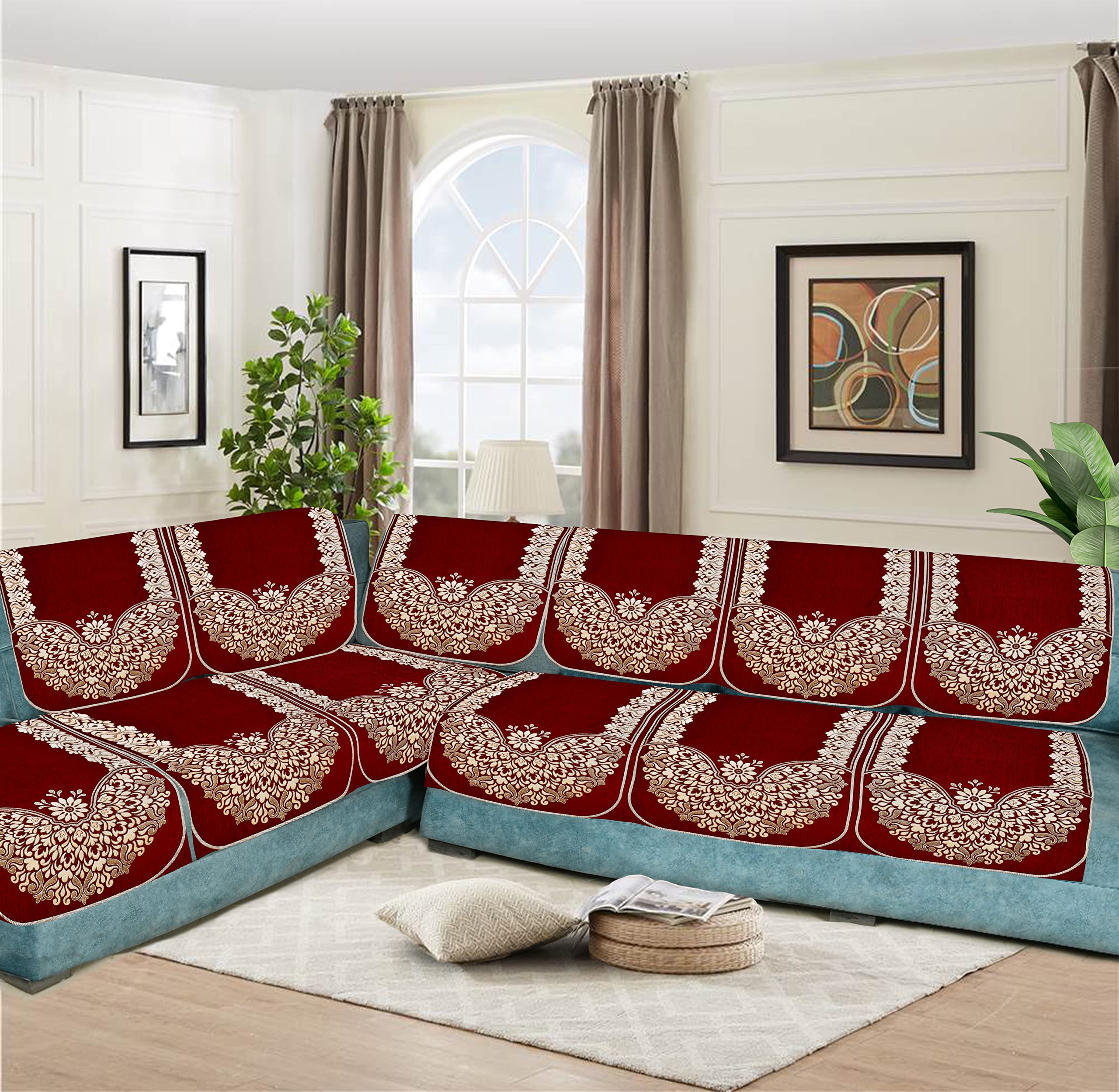 Velvet L Shape Sofa Covers Set - Premium 7 Seater Sofa Slip Protector Covers for Living Room Decor - Exclusive Royal Look Heavy Fabric Slip Protector for Long Couch, Maroon_1504-image-26