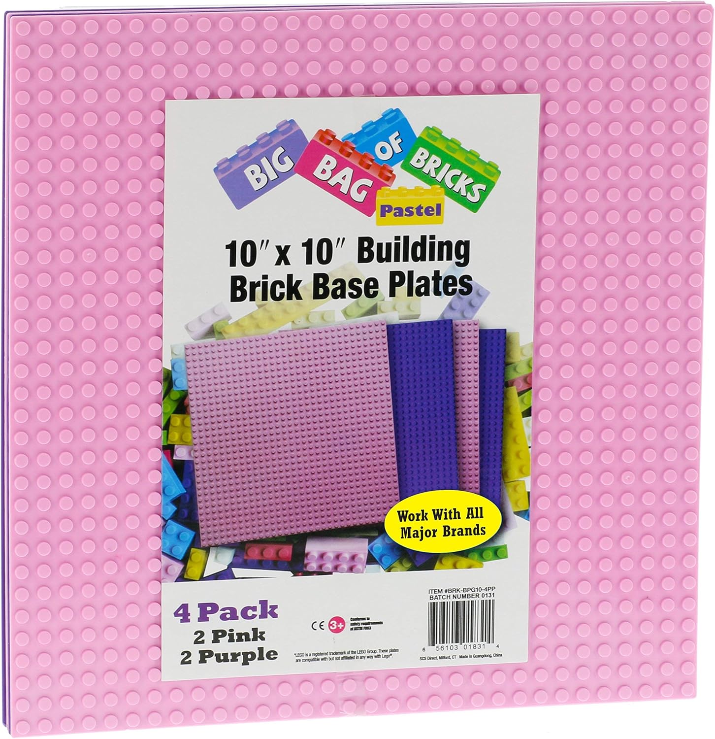 Classic Baseplates for Building Bricks - Set of 4 Large Pink & Purple 10"x10" Building Plates - Dual Connectivity, Build on Both Sides - Compatible, Tight Fit w Major Brands- STEM Toy & Kids Bday Gift