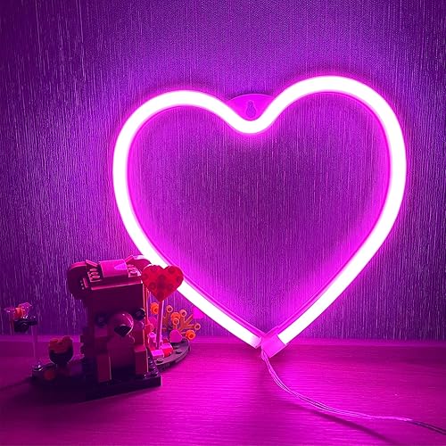 Letrero de corazón de neón rosa, luces LED de neón alimentadas por USB para el día de San Valentín, boda, decoración de fiesta, habitación de niña,