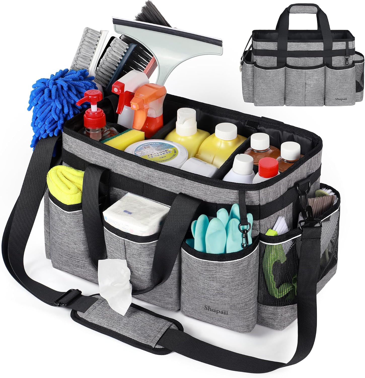 Wearable Cleaning Caddy Bag, Cleaning Caddy Supplies Organizer with Handles for Cleaners & Housekeeper, Under Sink & Car Cleaning Tool Organizers Bag with Adjustable Shoulder Strap&Waist Belt